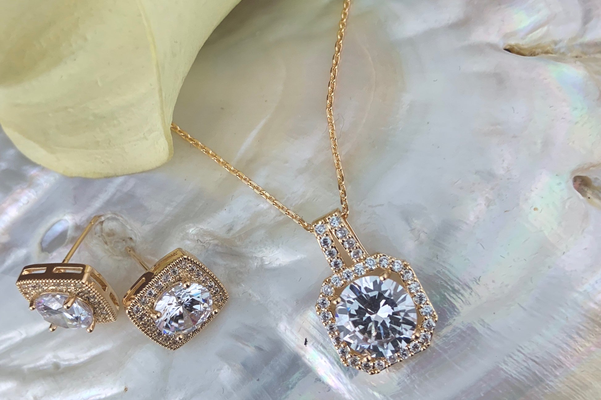 Bridal Cubic Zirconia Set, Square Halo Style Gold Bridal Set | Bellaire Wholesale