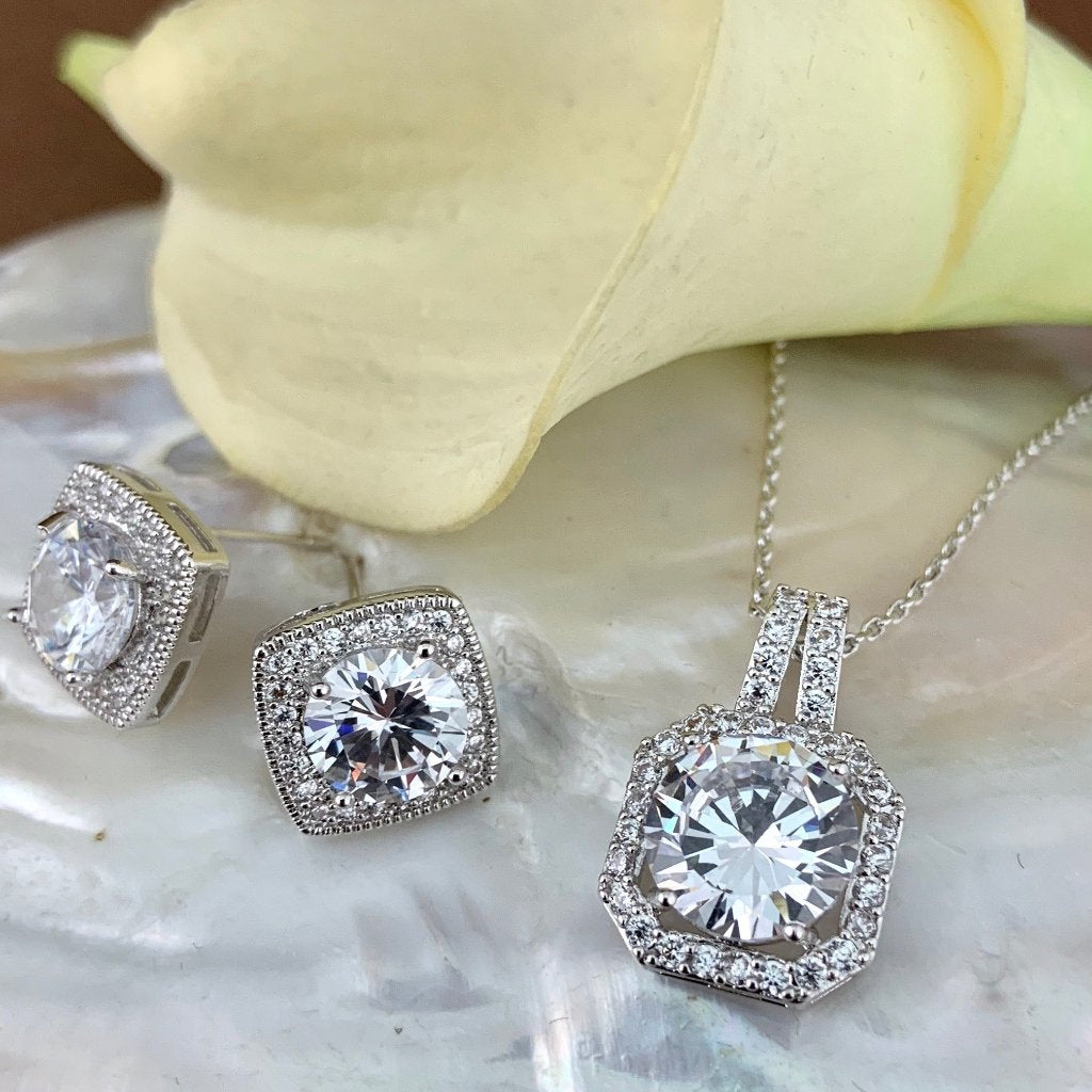 Bridal Cubic Zirconia Set, Square Halo Style Silver Bridal Set | Bellaire Wholesale