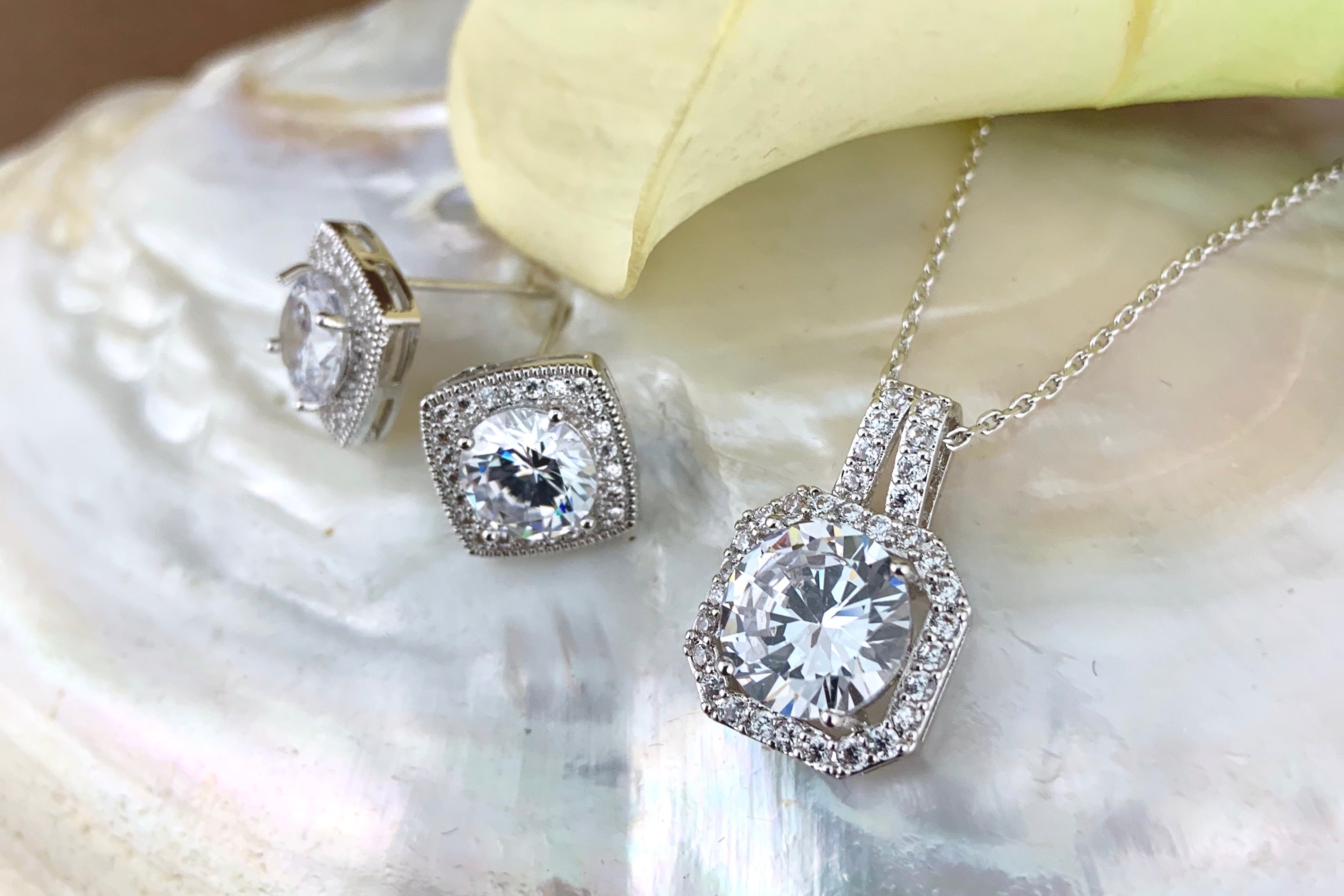 Bridal Cubic Zirconia Set, Square Halo Style Silver Bridal Set | Bellaire Wholesale