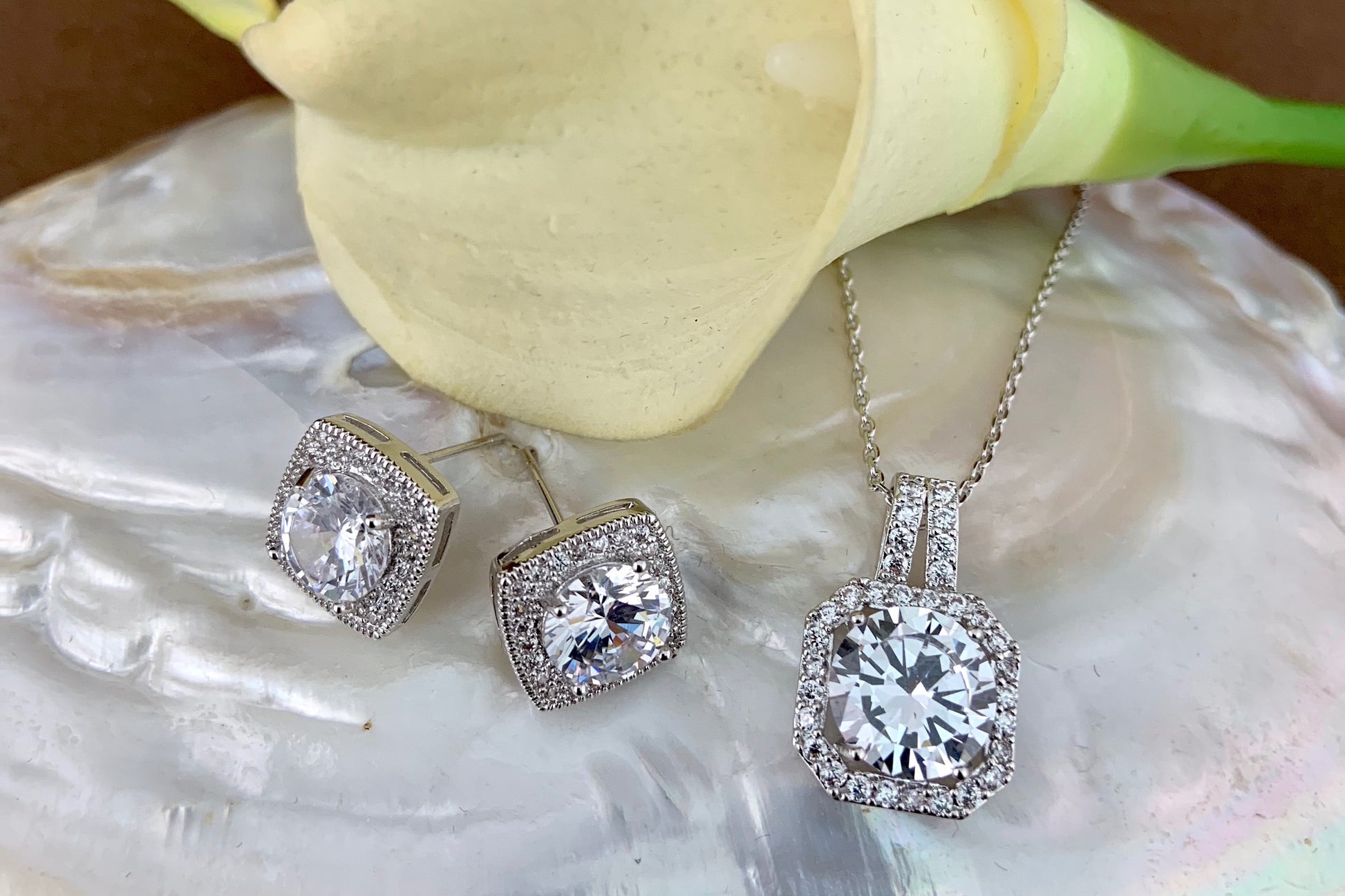 Bridal Cubic Zirconia Set, Square Halo Style Silver Bridal Set | Bellaire Wholesale