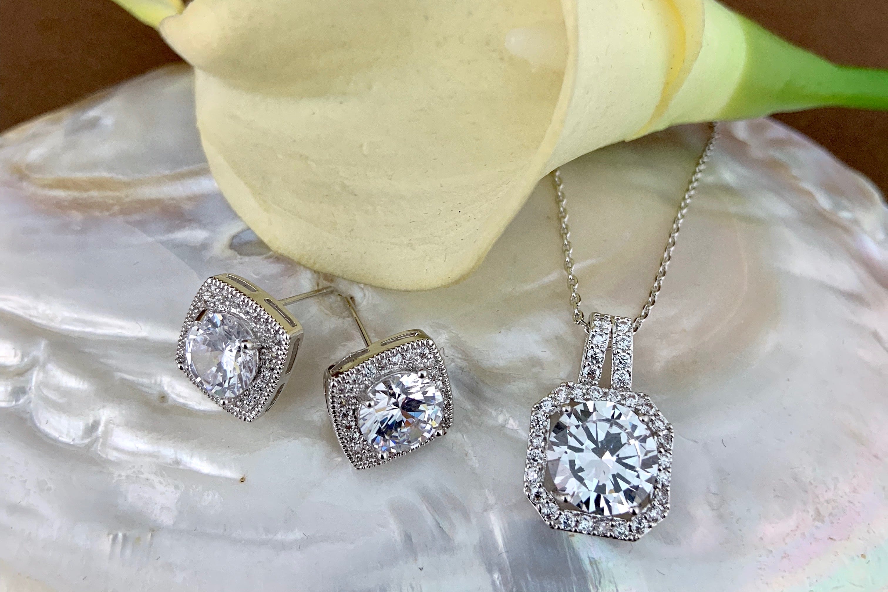 Bridal Cubic Zirconia Set, Square Halo Style Silver Bridal Set | Bellaire Wholesale