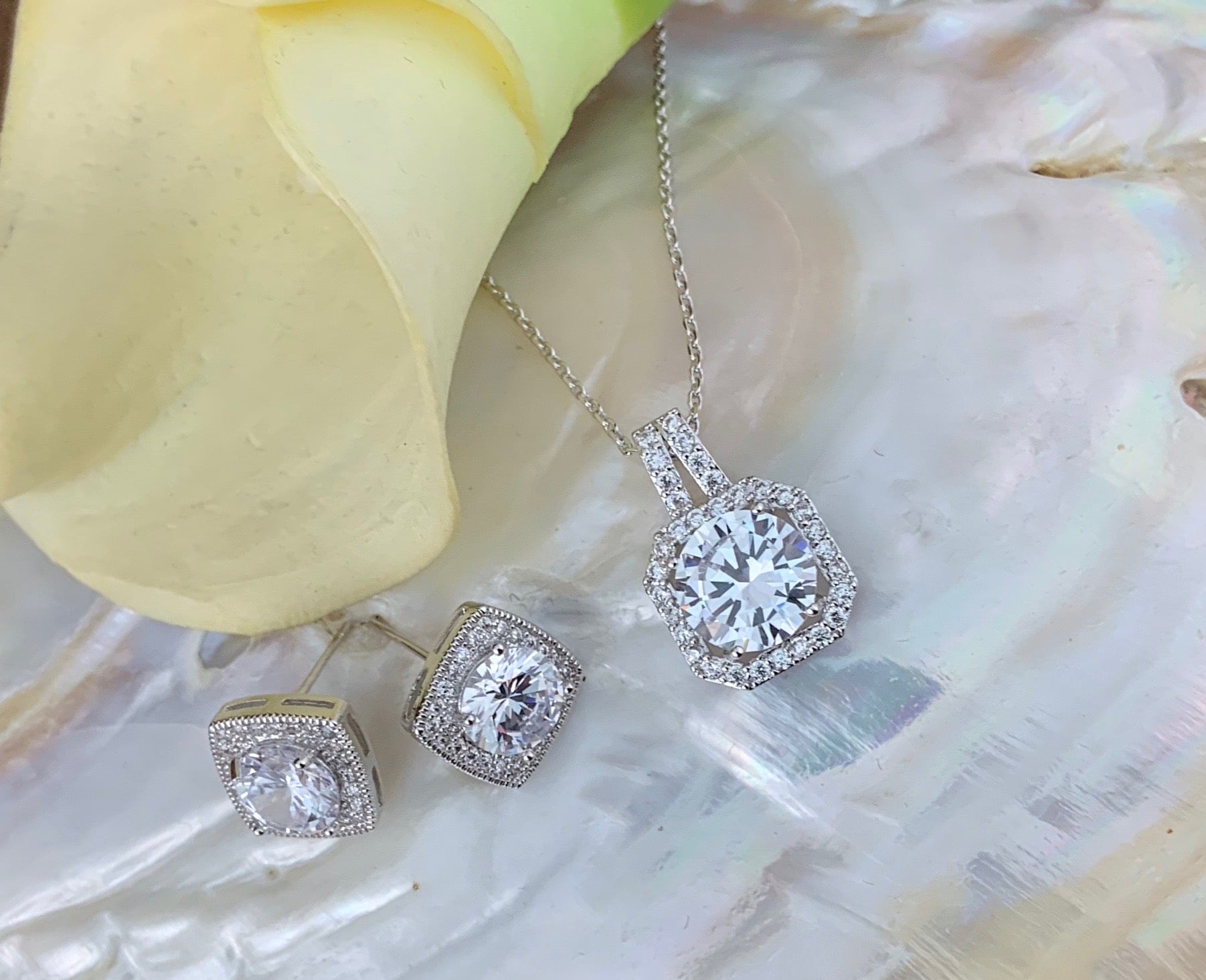 Bridal Cubic Zirconia Set, Square Halo Style Silver Bridal Set | Bellaire Wholesale