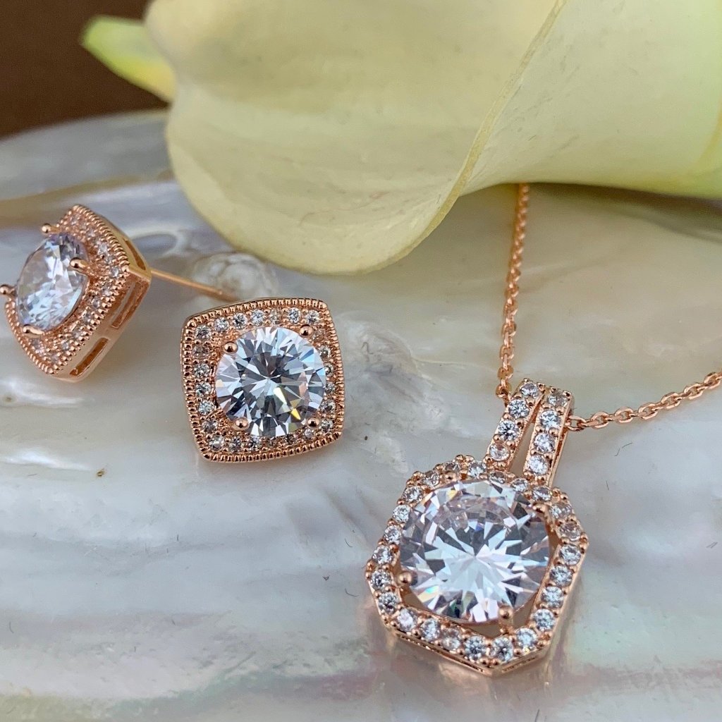 Bridal Cubic Zirconia Set, Square Halo Style Rose Gold Bridal Set | Bellaire Wholesale