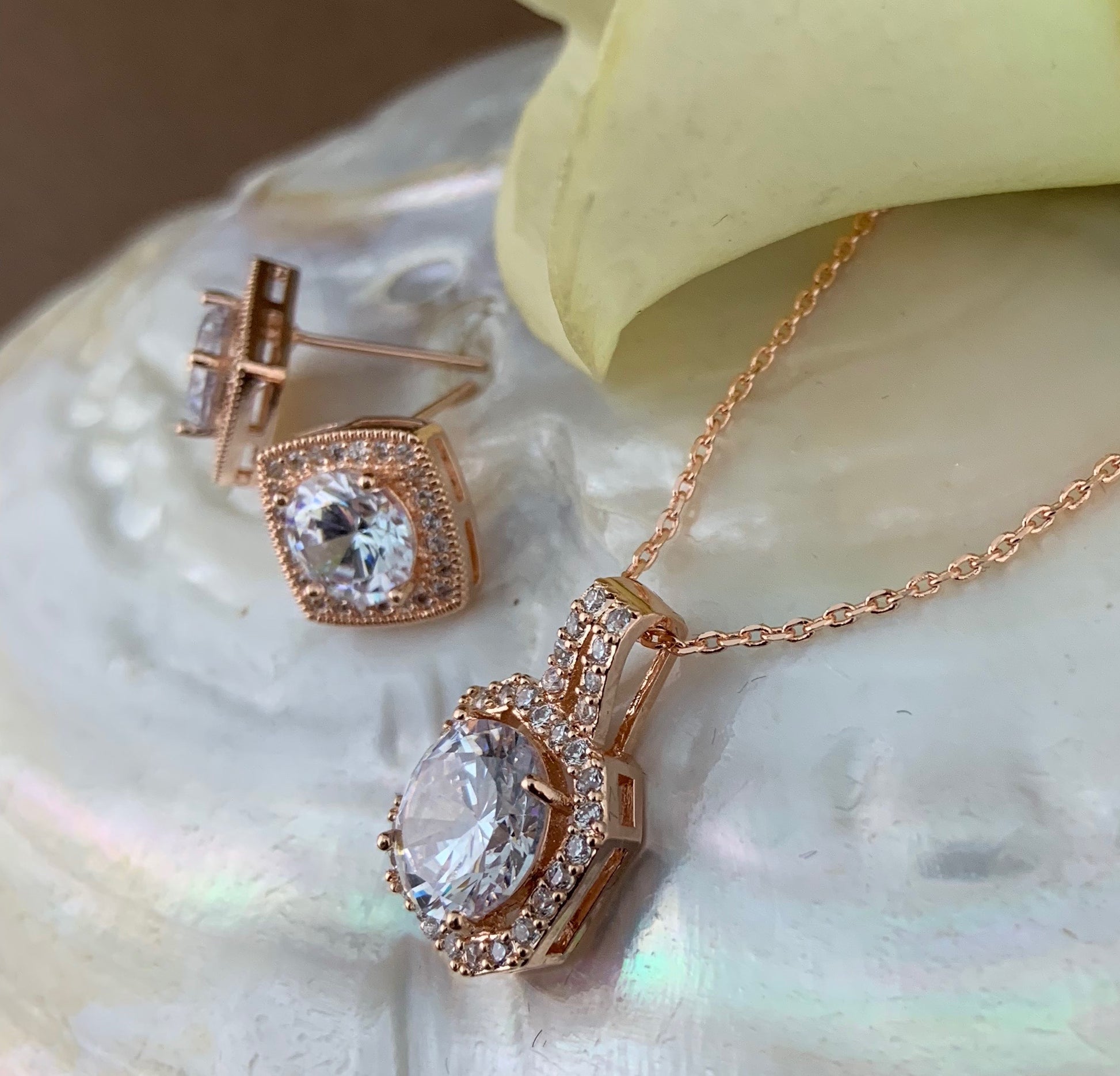 Bridal Cubic Zirconia Set, Square Halo Style Rose Gold Bridal Set | Bellaire Wholesale