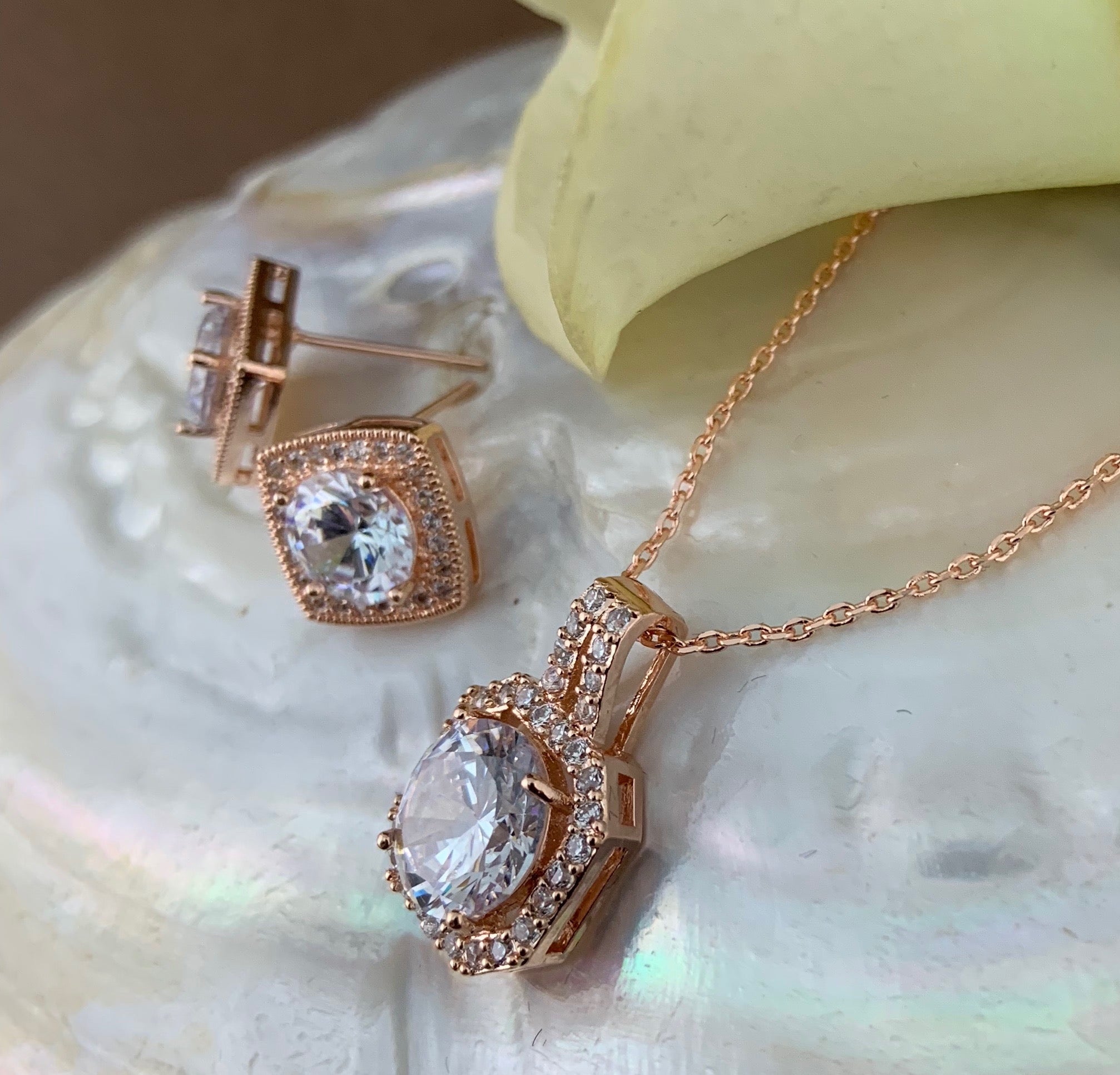 Bridal Cubic Zirconia Set, Square Halo Style Rose Gold Bridal Set | Bellaire Wholesale