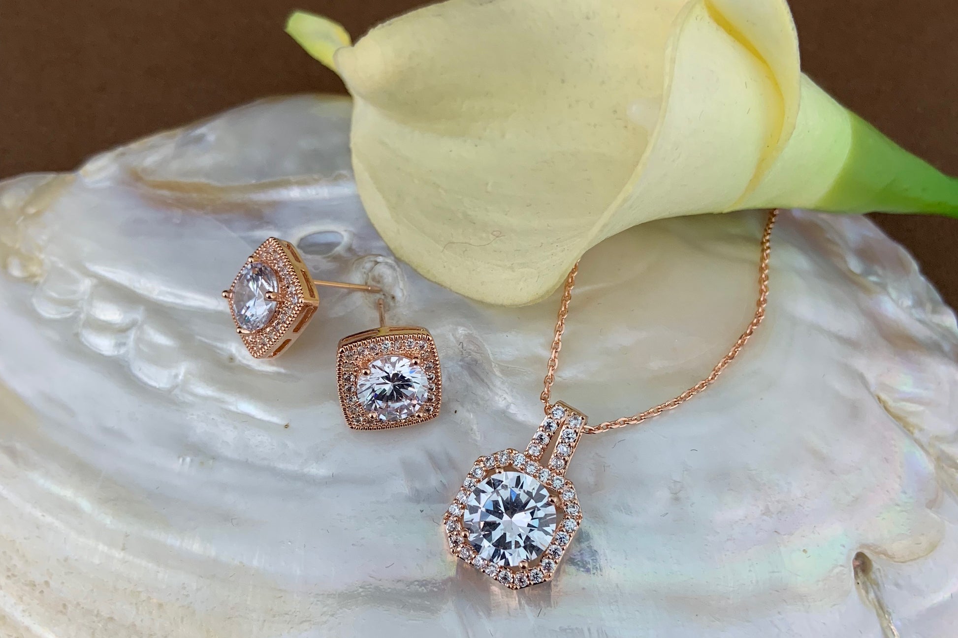 Bridal Cubic Zirconia Set, Square Halo Style Rose Gold Bridal Set | Bellaire Wholesale
