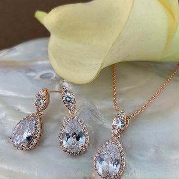 Bridal Cubic Zirconia Set, Teardrop Rose Gold Bridal Set | Bellaire Wholesale