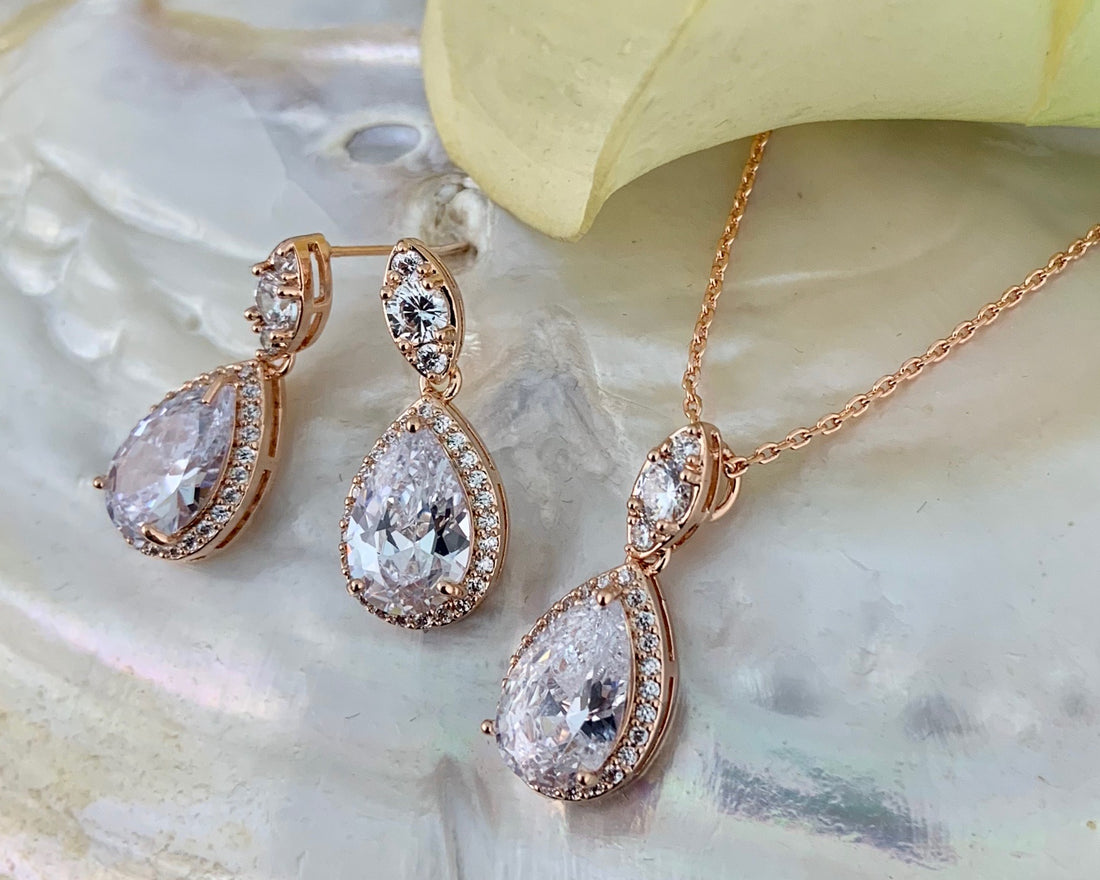 Bridal Cubic Zirconia Set, Teardrop Rose Gold Bridal Set | Bellaire Wholesale