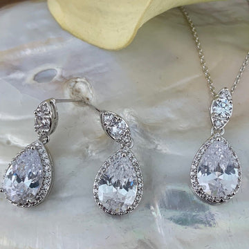 Bridal Cubic Zirconia Set, Teardrop Silver Bridal Set | Bellaire Wholesale