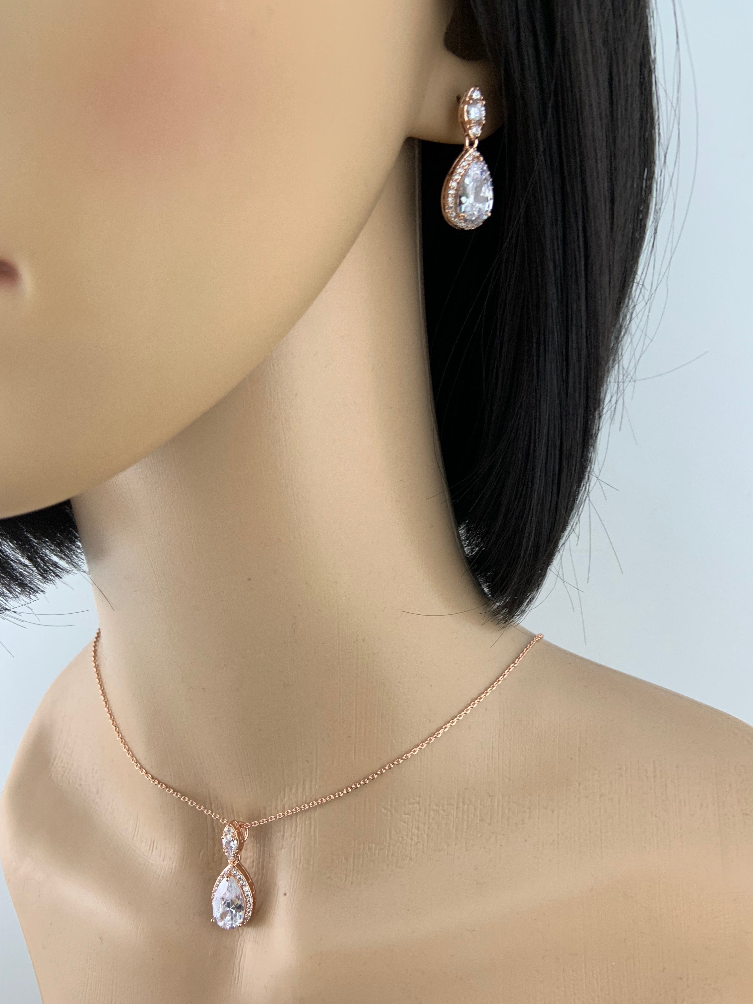 Bridal Cubic Zirconia Set, Teardrop Rose Gold Bridal Set | Bellaire Wholesale