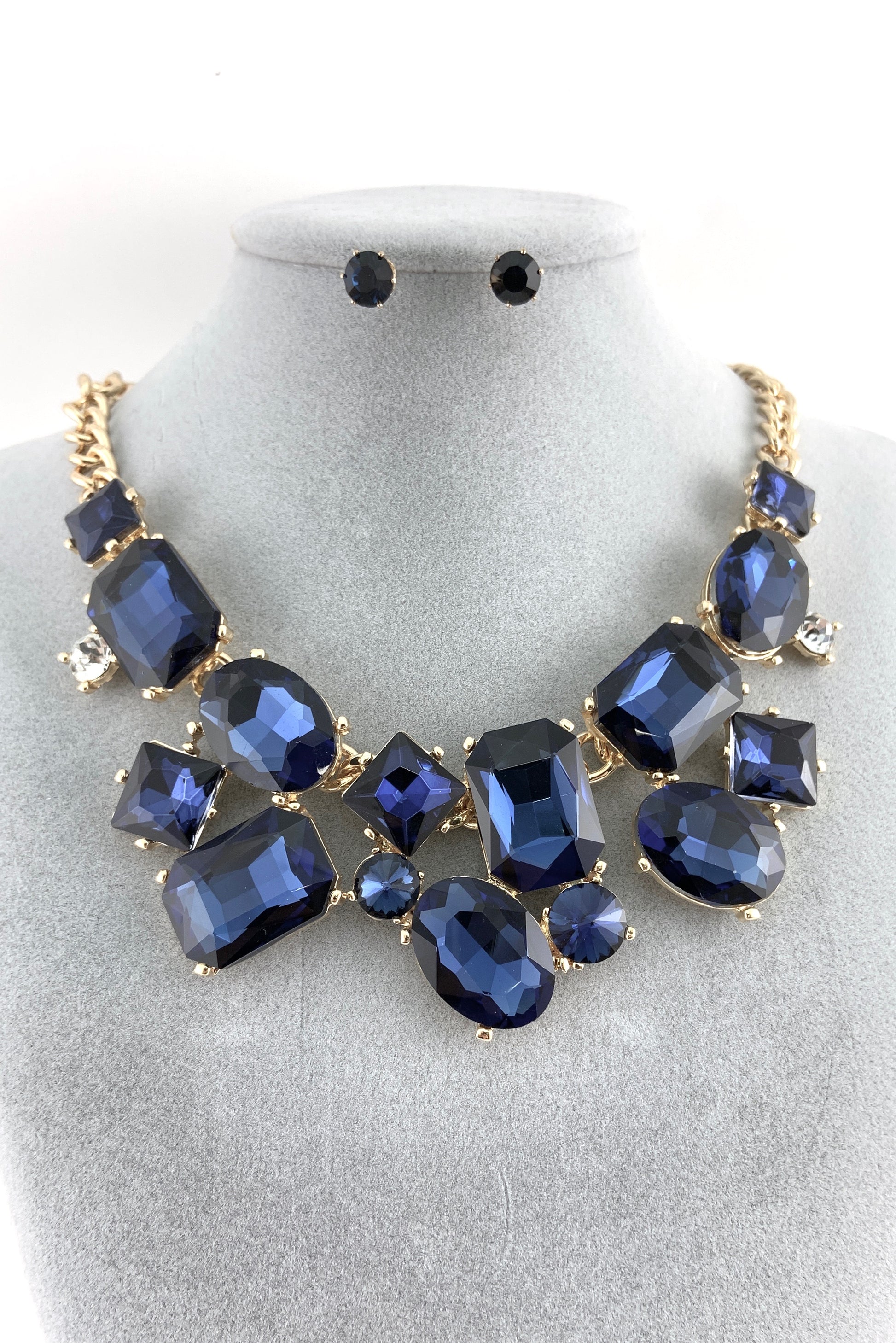 Elegant Crystal Necklace with Big Stones, Blue| Bellaire Wholesale