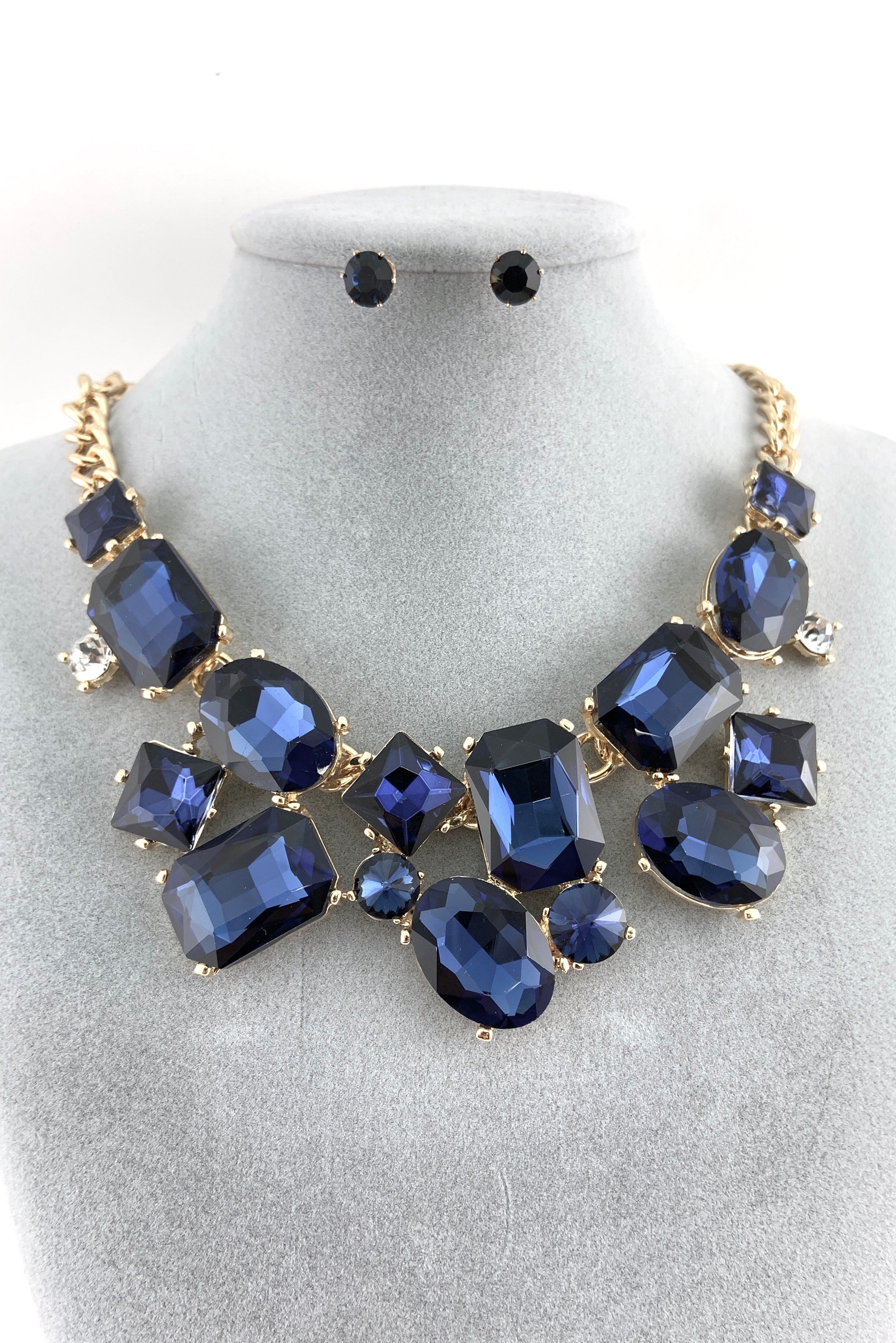 Elegant Crystal Necklace with Big Stones, Blue| Bellaire Wholesale