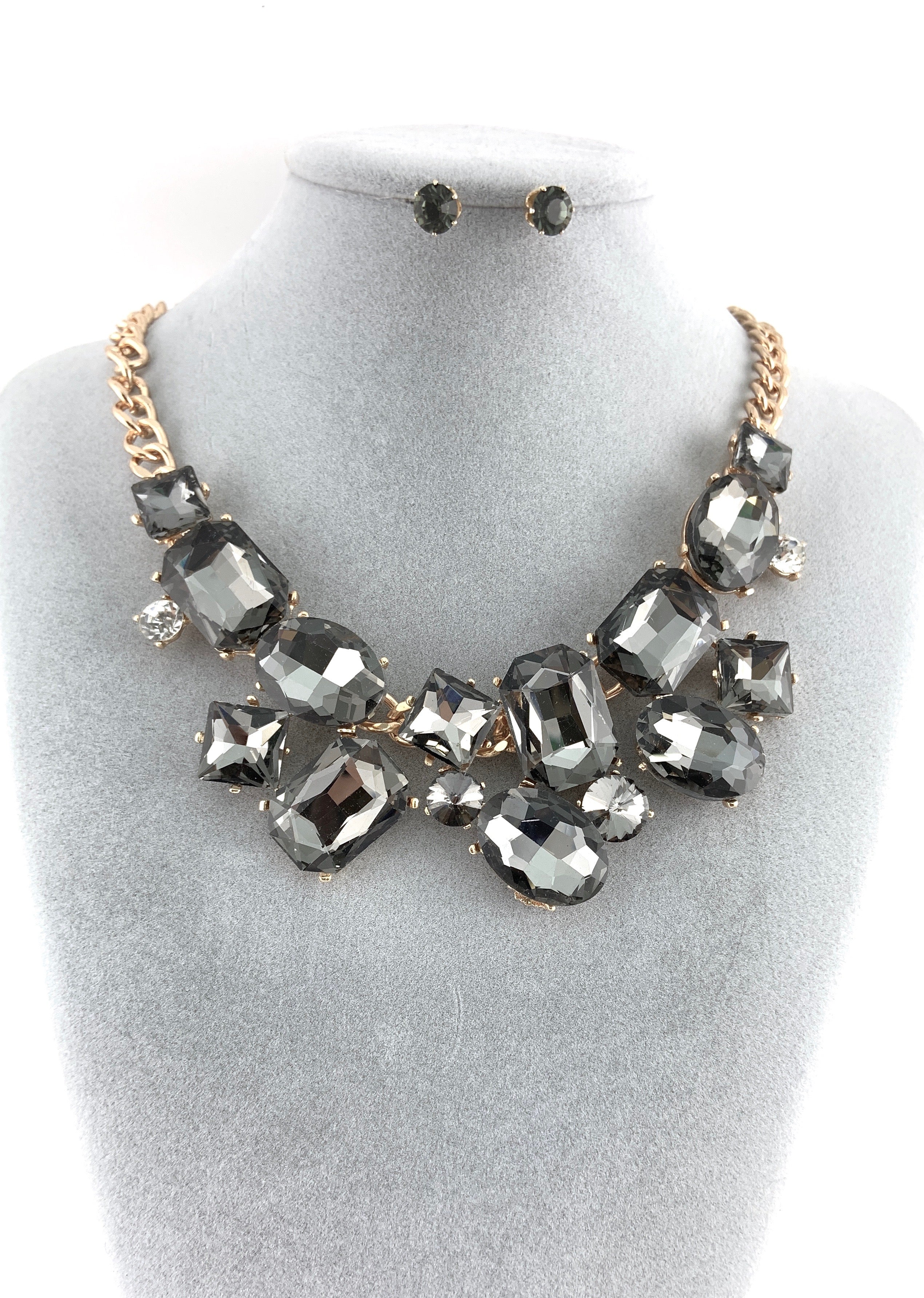 Elegant Crystal Necklace with Big Stones, Black | Bellaire Wholesale