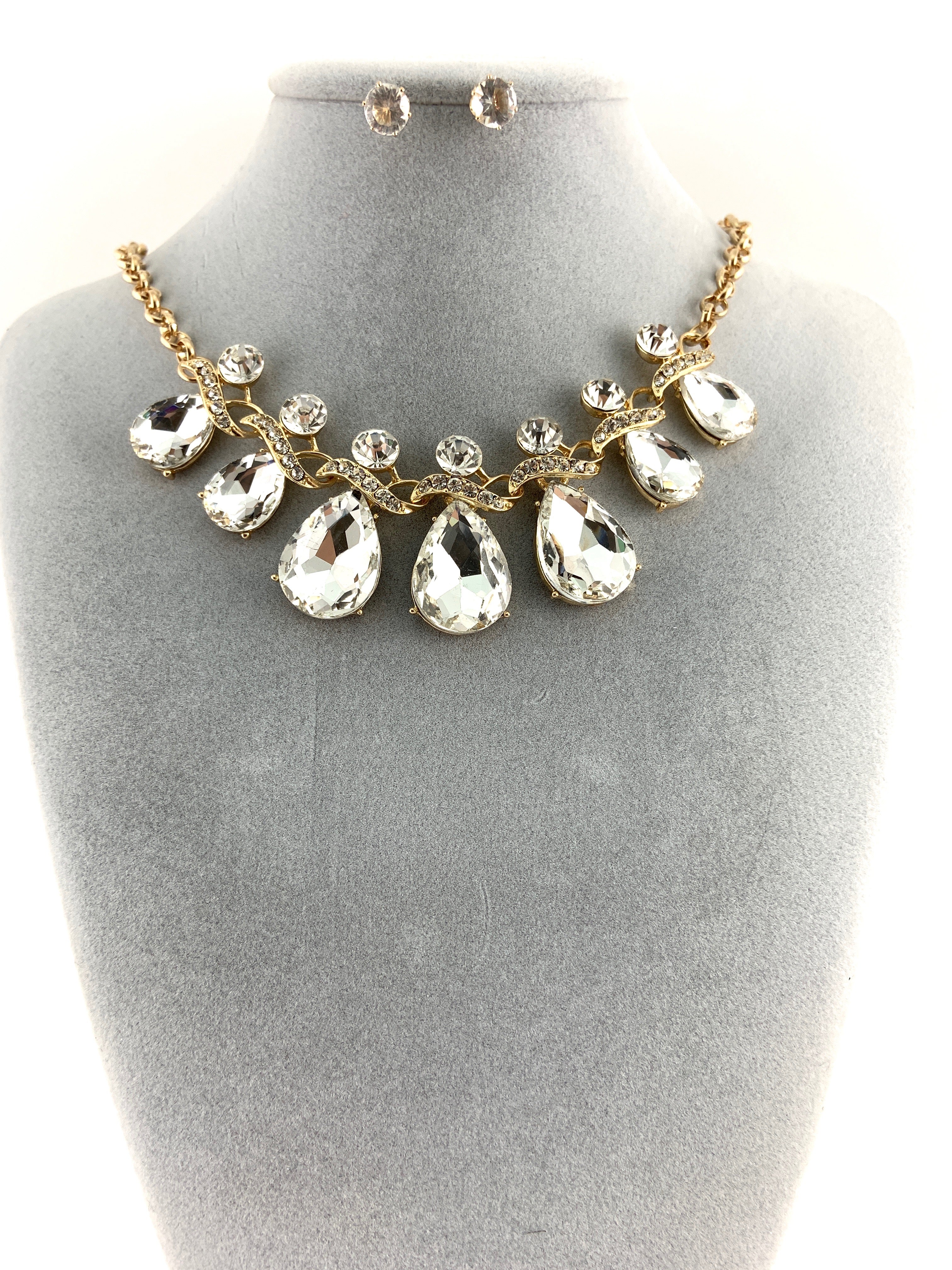 Elegant Teardrop Crystal Necklace, Clear Stones | BellaireWholesale