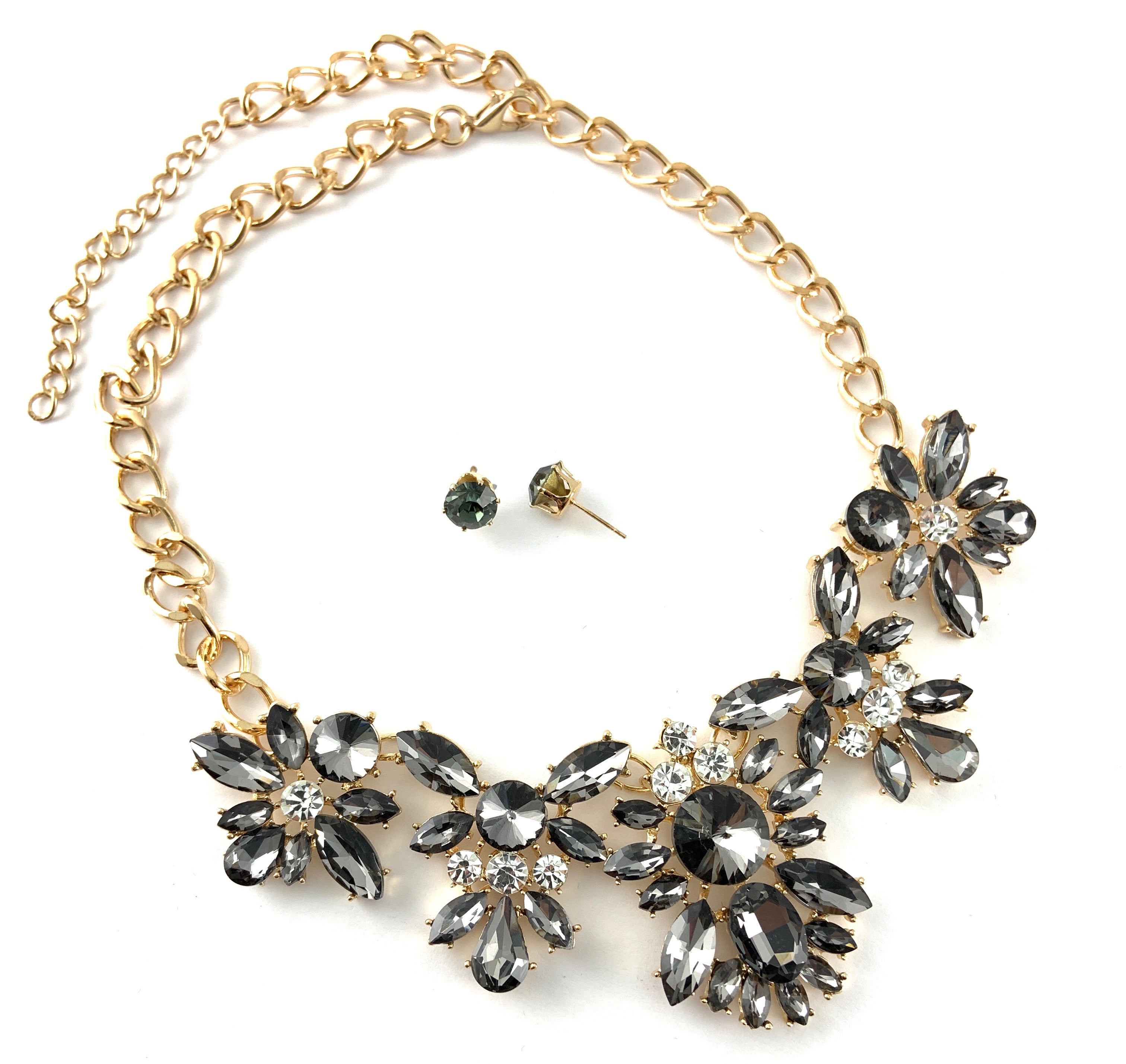 Elegant Floral Flower Crystal Necklace,SilverNight | BellaireWholesale