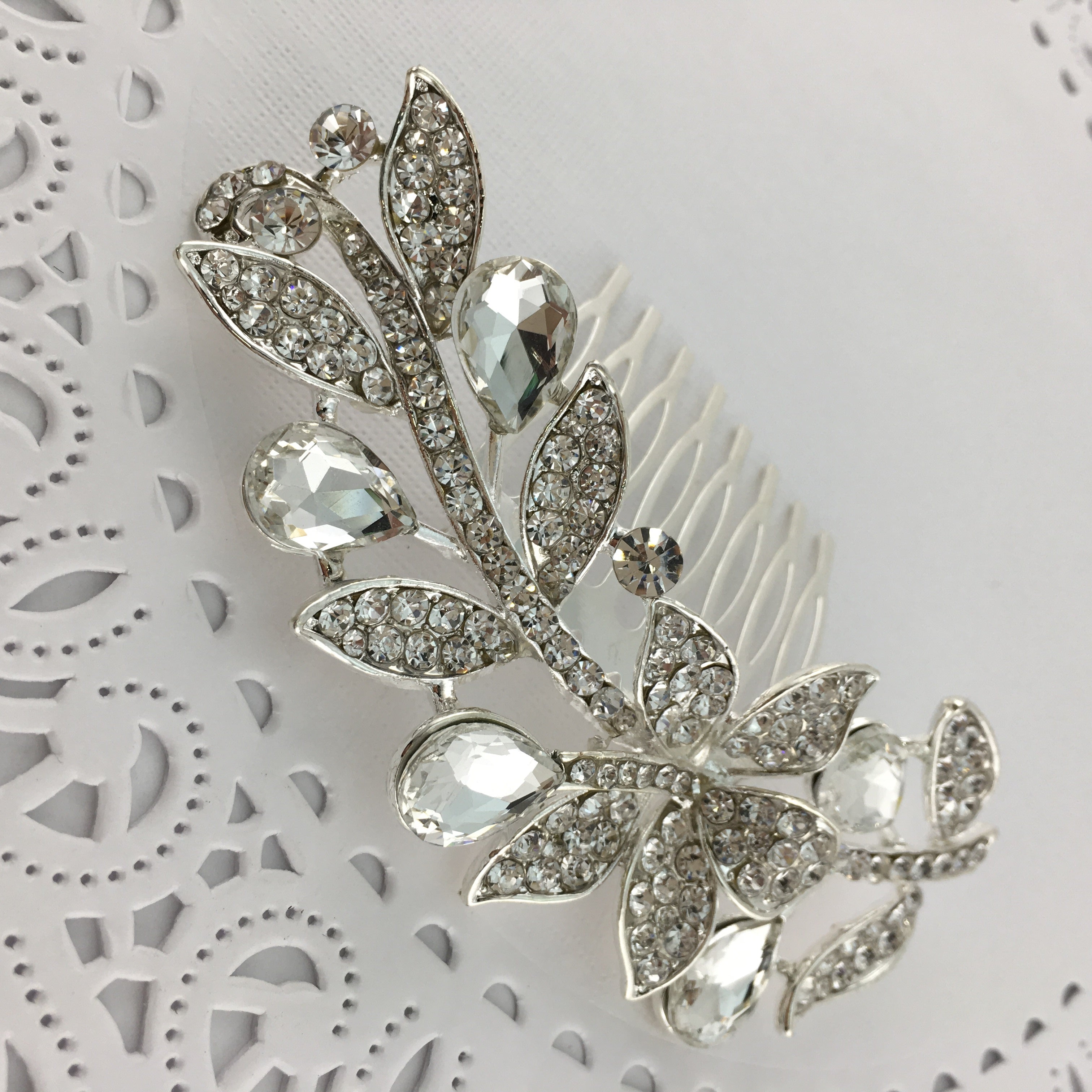 Silver Hair Comb, Crystal Flower, Bridal Hair Piece | Bellaire Wholesale