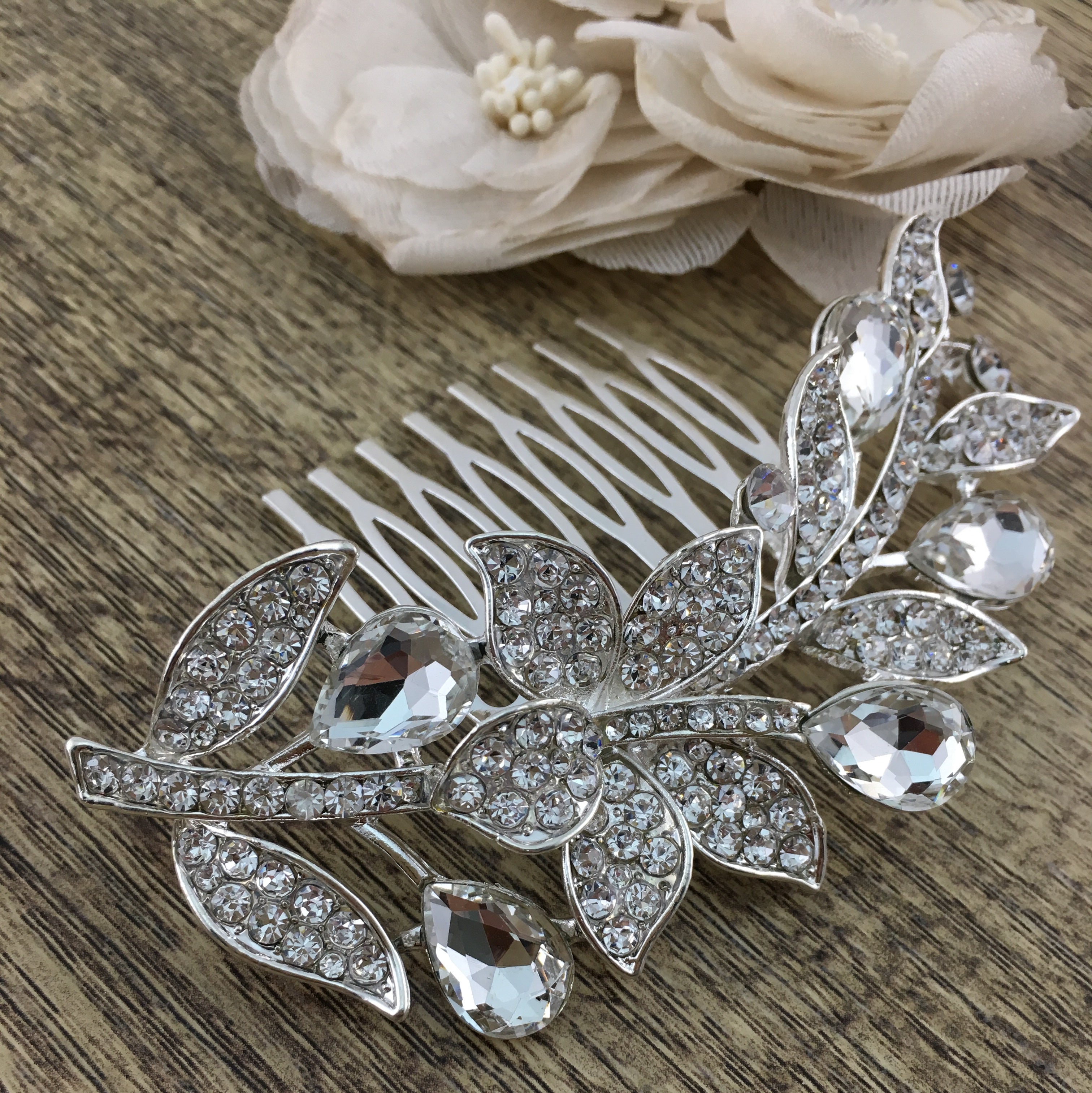 Silver Hair Comb, Crystal Flower, Bridal Hair Piece | Bellaire Wholesale