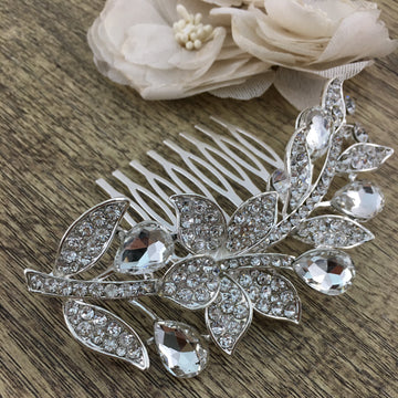 Silver Hair Comb, Crystal Flower, Bridal Hair Piece | Bellaire Wholesale