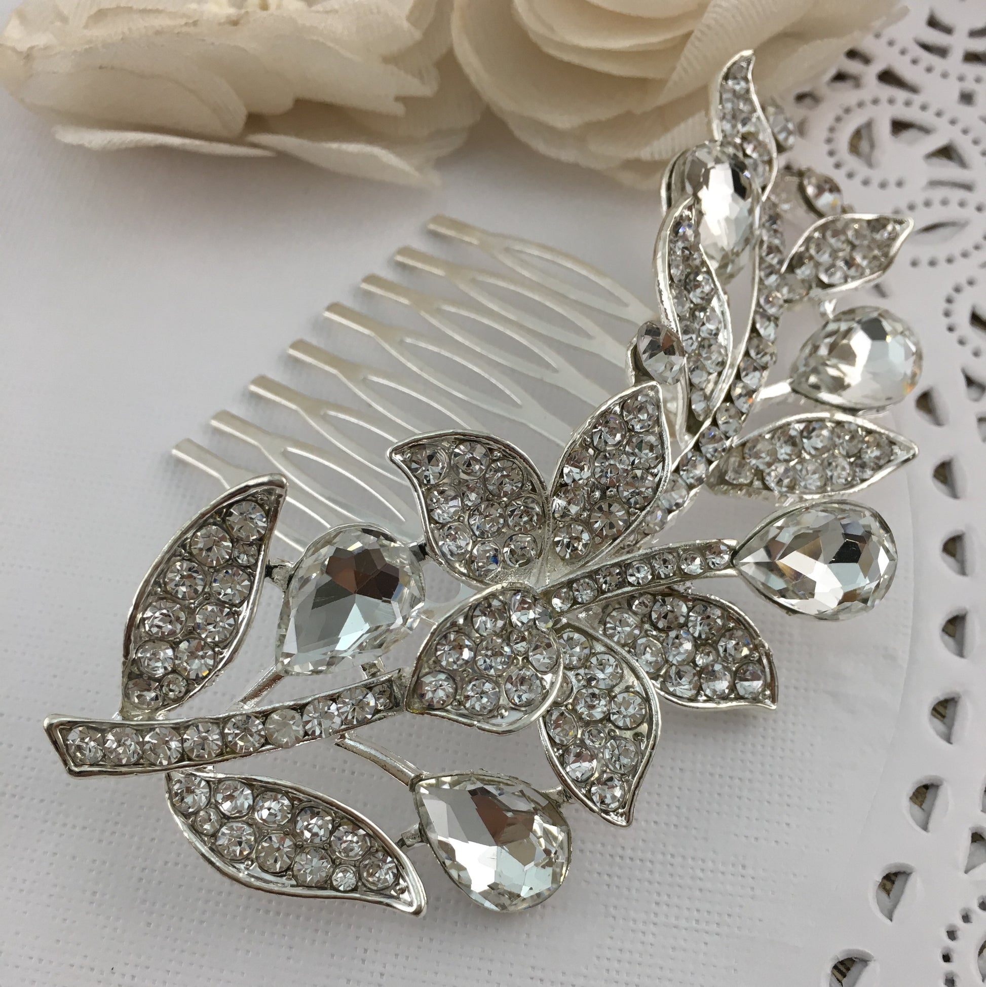 Silver Hair Comb, Crystal Flower, Bridal Hair Piece | Bellaire Wholesale