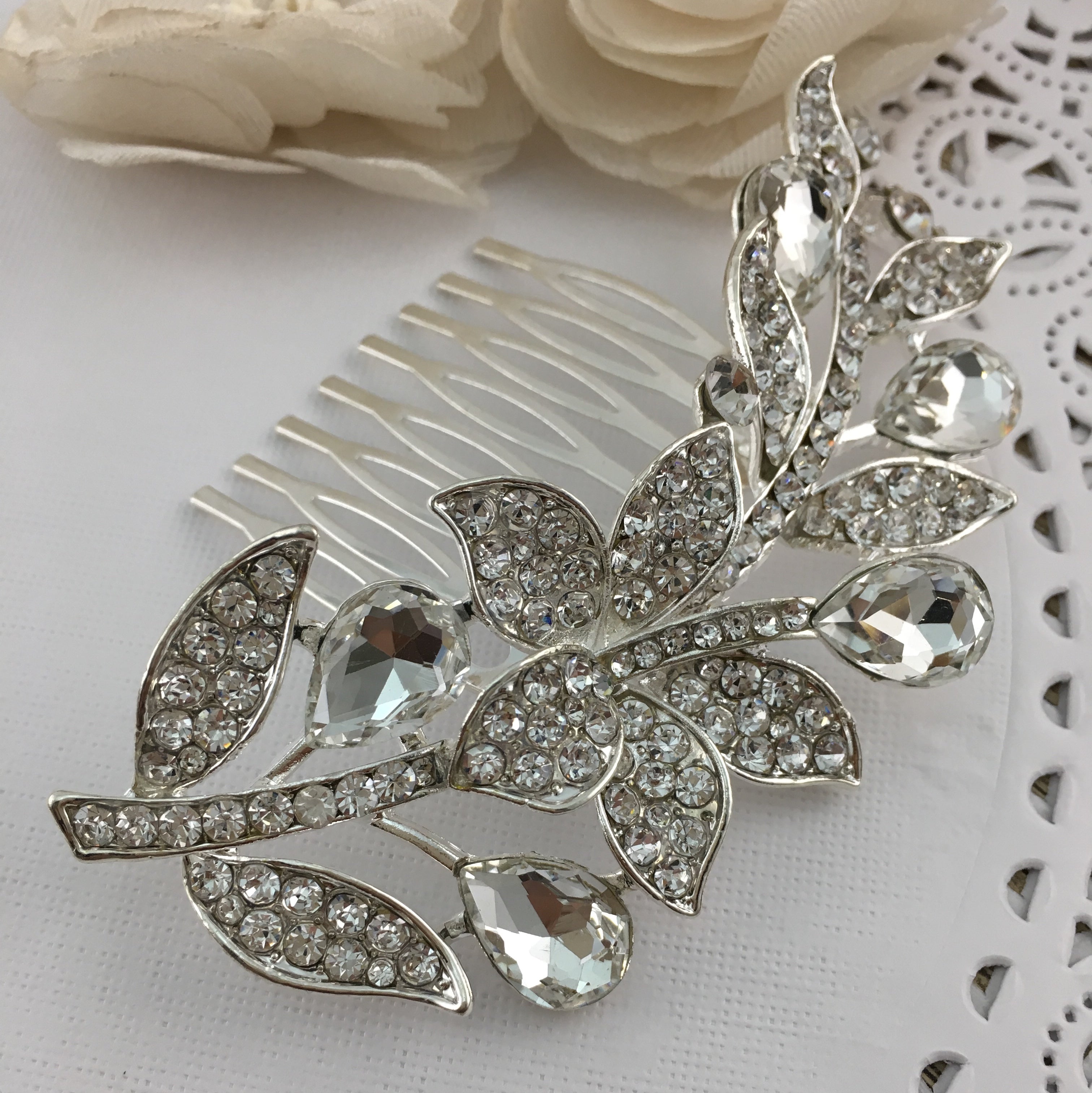 Silver Hair Comb, Crystal Flower, Bridal Hair Piece | Bellaire Wholesale