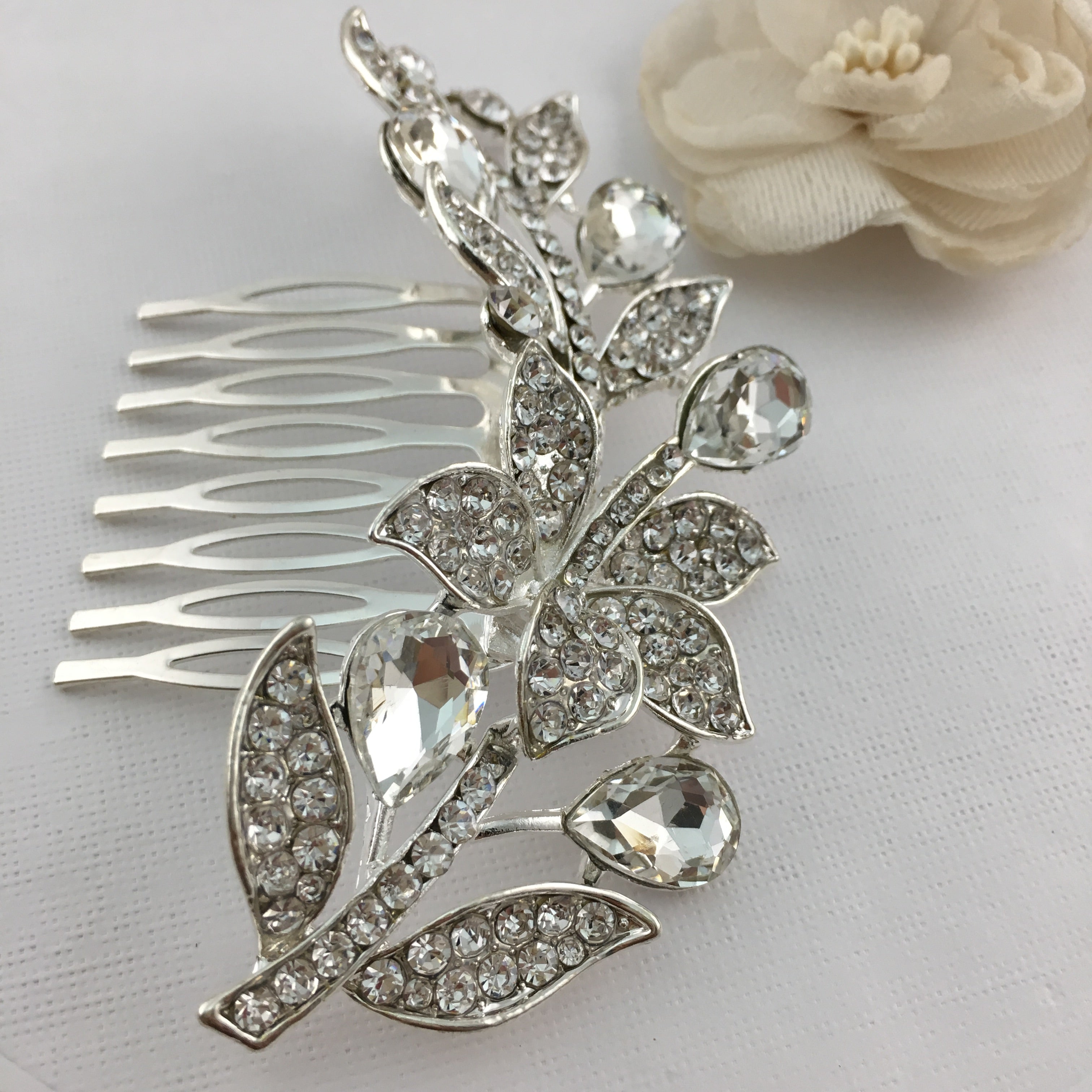 Silver Hair Comb, Crystal Flower, Bridal Hair Piece | Bellaire Wholesale