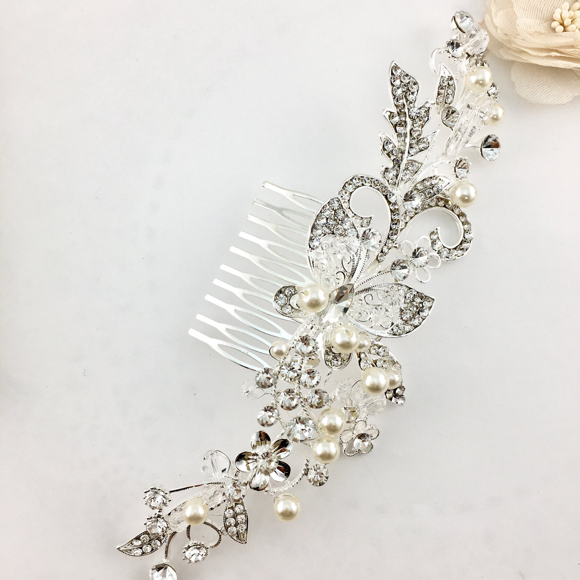 Silver Crystal and Pearl Hair Comb, Crystal Butterfly | Bellaire Wholesale