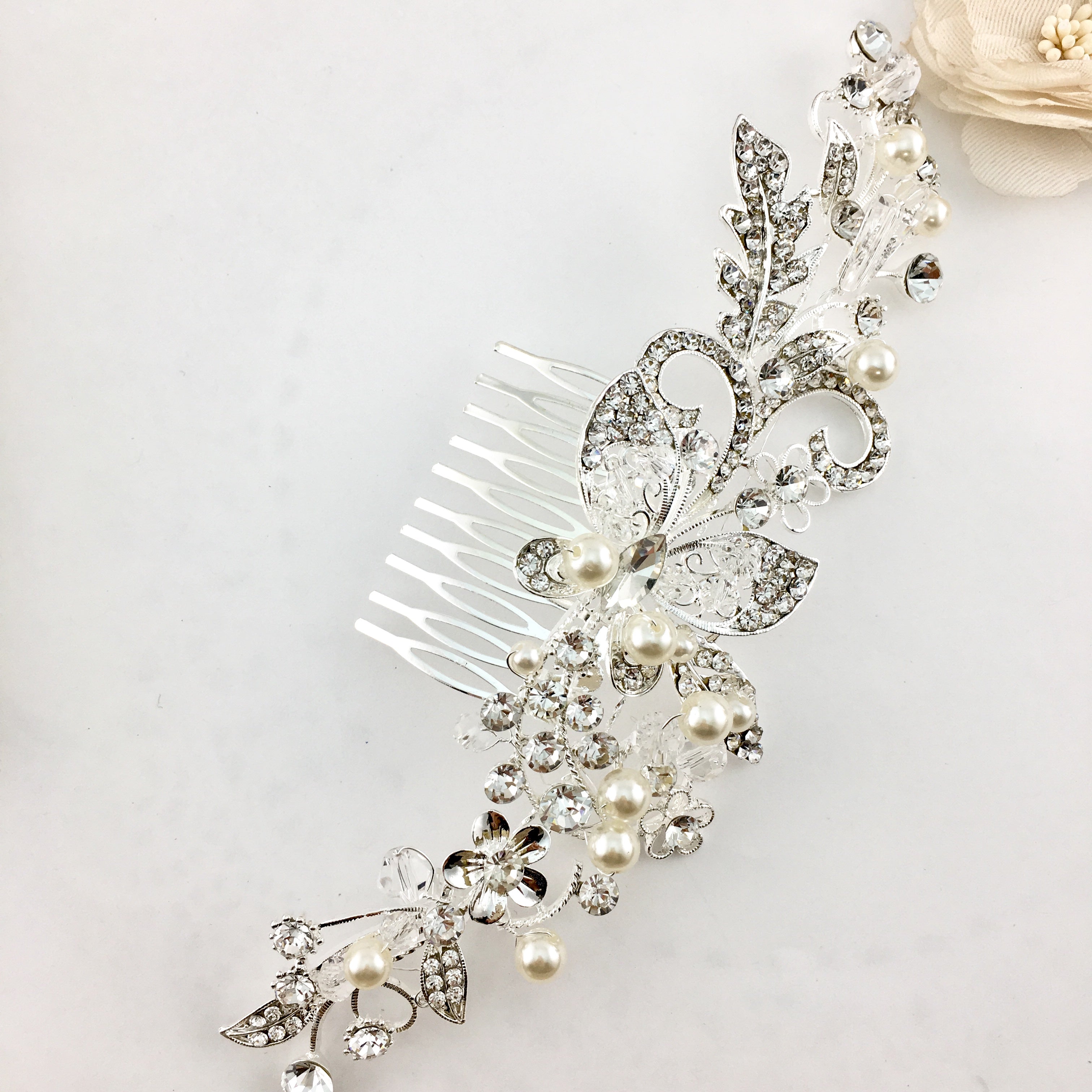 Silver Crystal and Pearl Hair Comb, Crystal Butterfly | Bellaire Wholesale