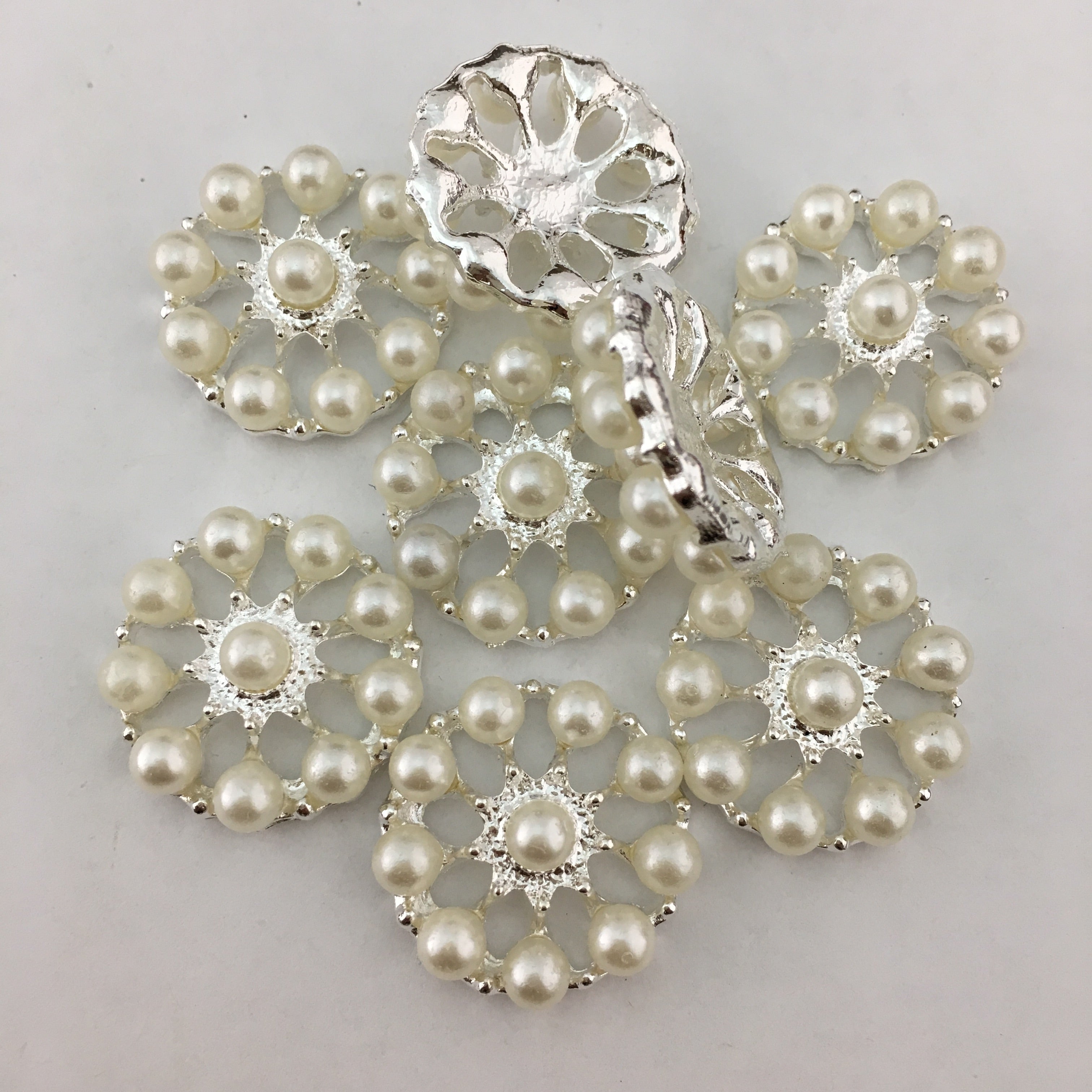Silver Round Pearl Invitation Buckle Embellishments | Bellaire Wholesale