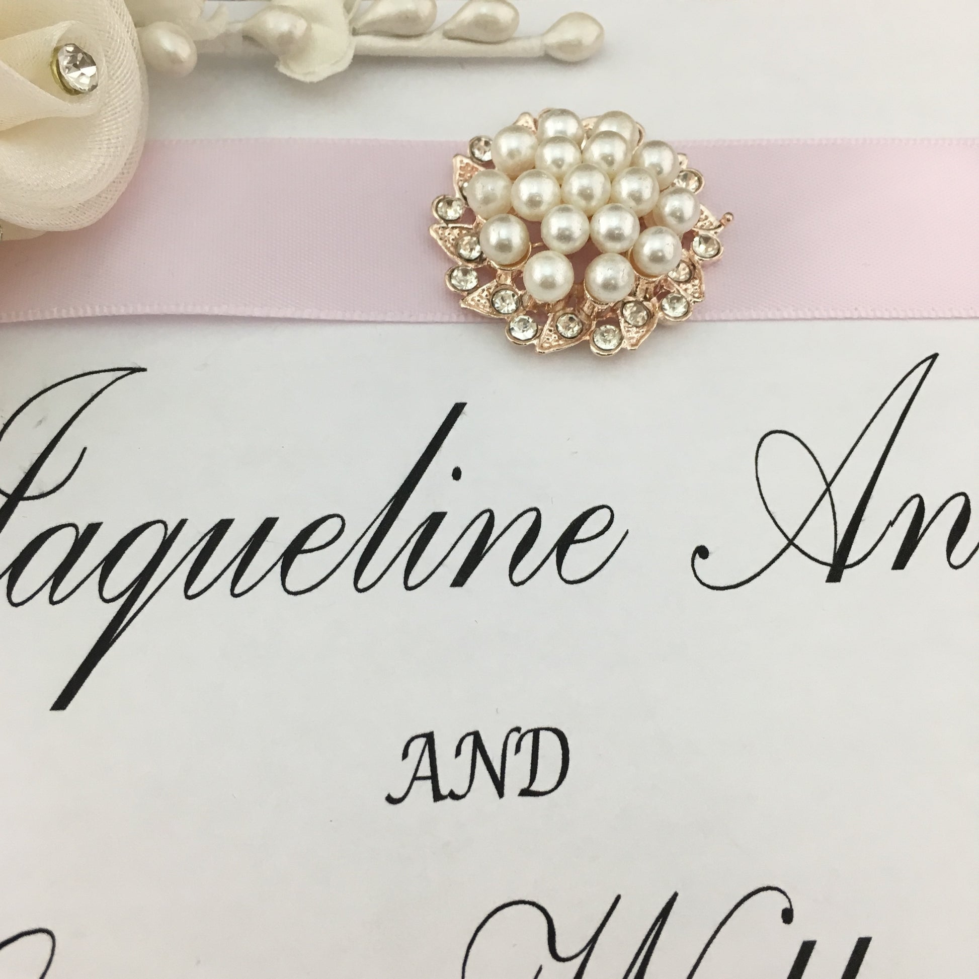 Rose Gold Pearl Invitation Buckle Embellishments | Bellaire Wholesale