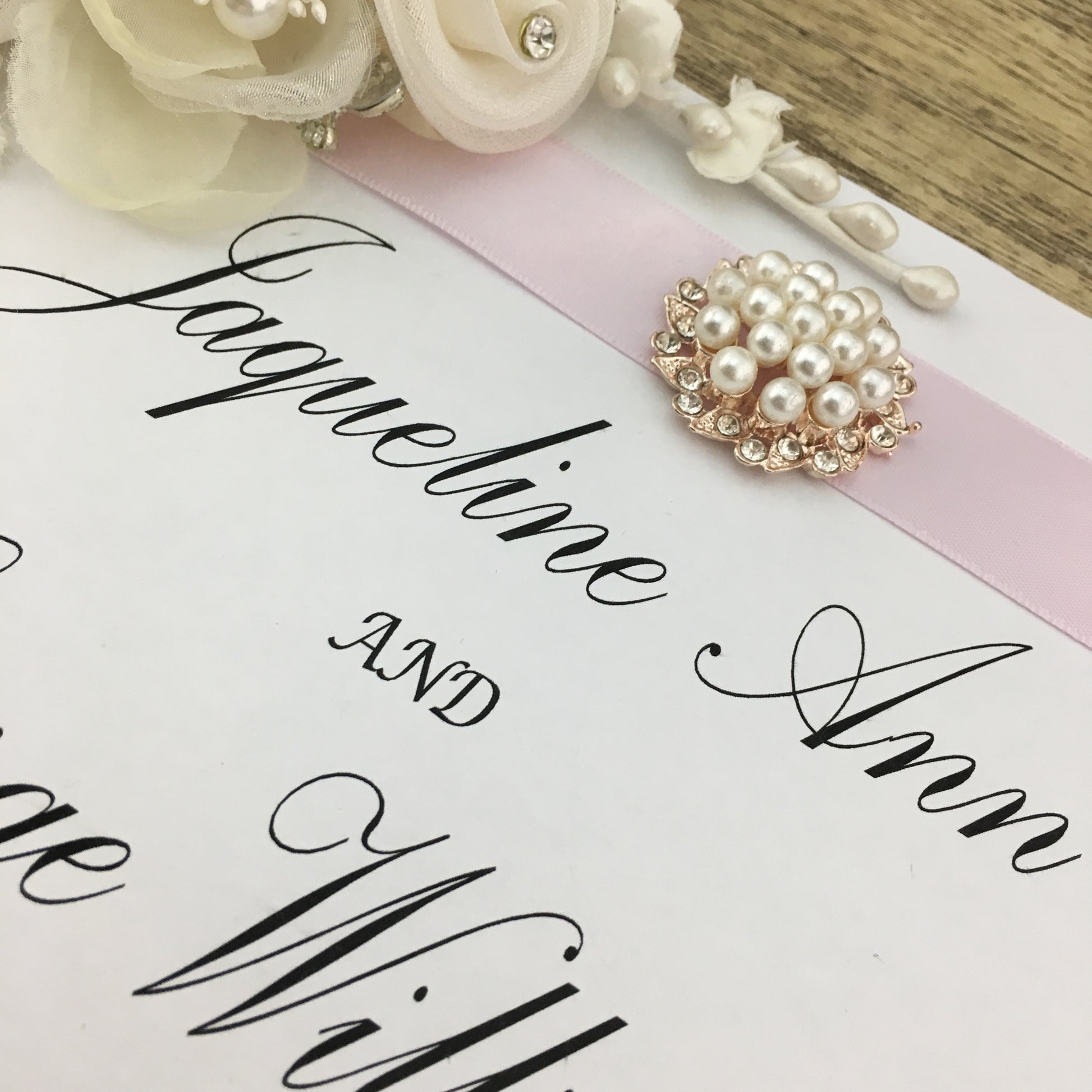 Rose Gold Pearl Invitation Buckle Embellishments | Bellaire Wholesale