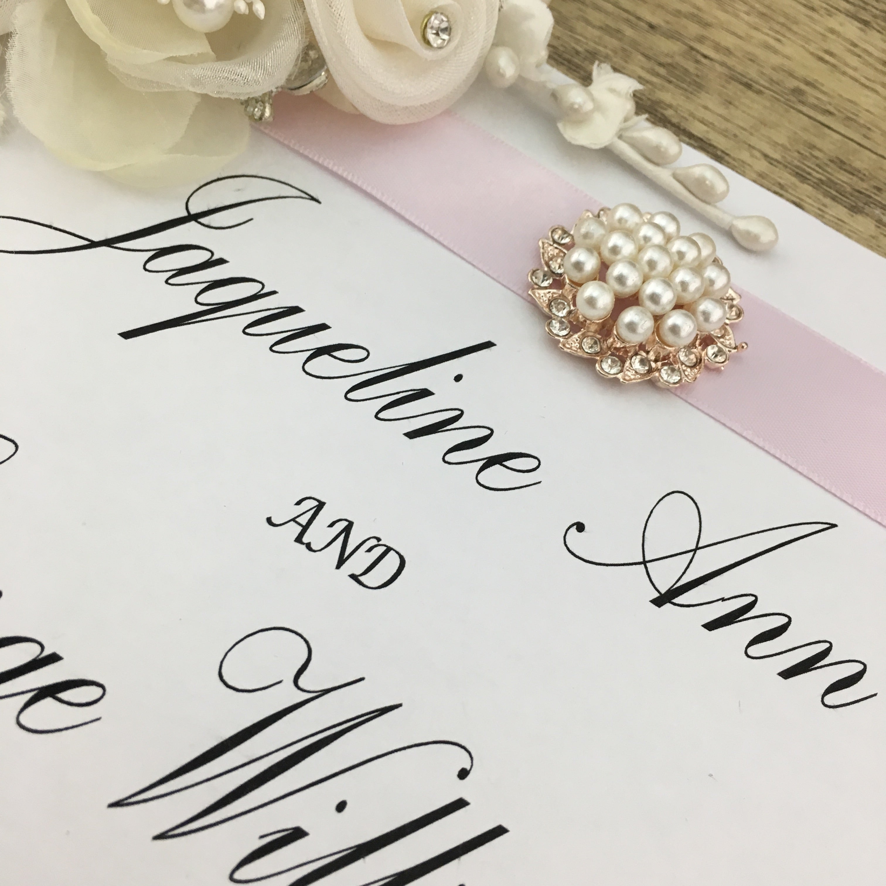 Rose Gold Pearl Invitation Buckle Embellishments | Bellaire Wholesale