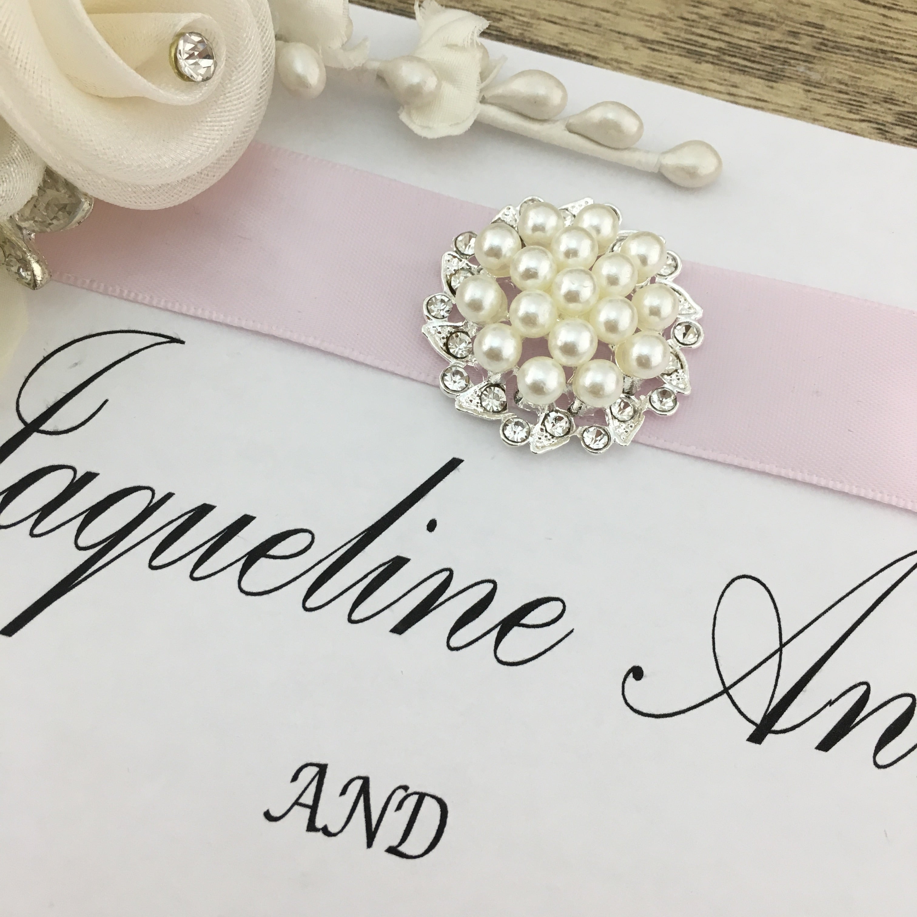 Silver Pearl Invitation Buckle Embellishments | Bellaire Wholesale