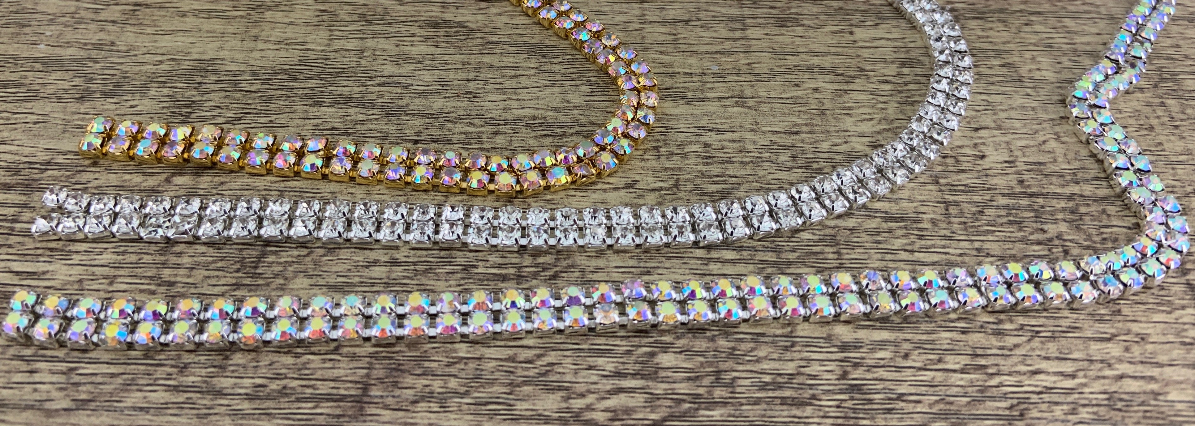 2 Row Silver Rhinestone Chain, AB Stones | Bellaire Wholesale