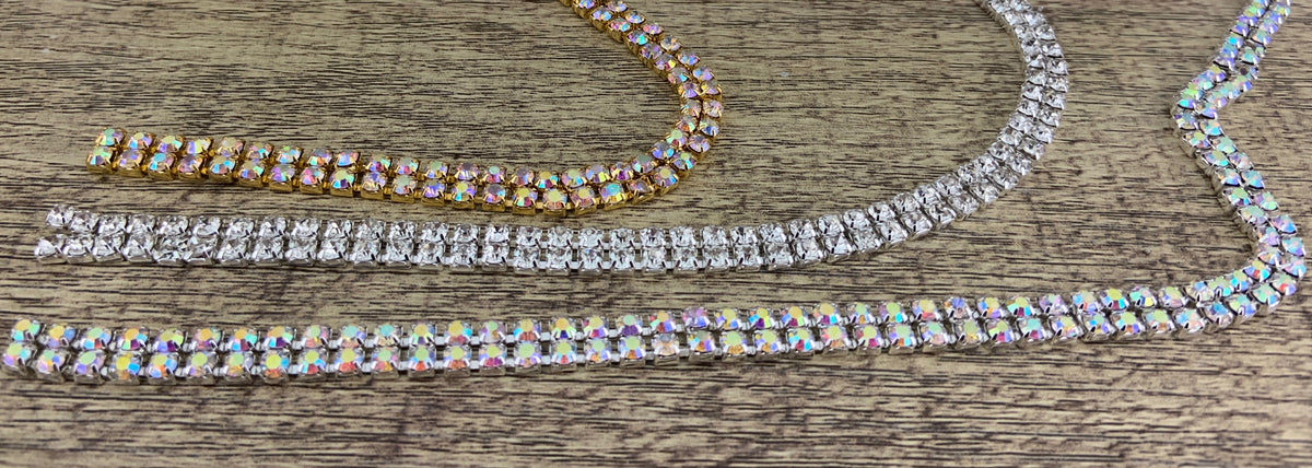2 Row Silver Rhinestone Chain, AB Stones | Bellaire Wholesale