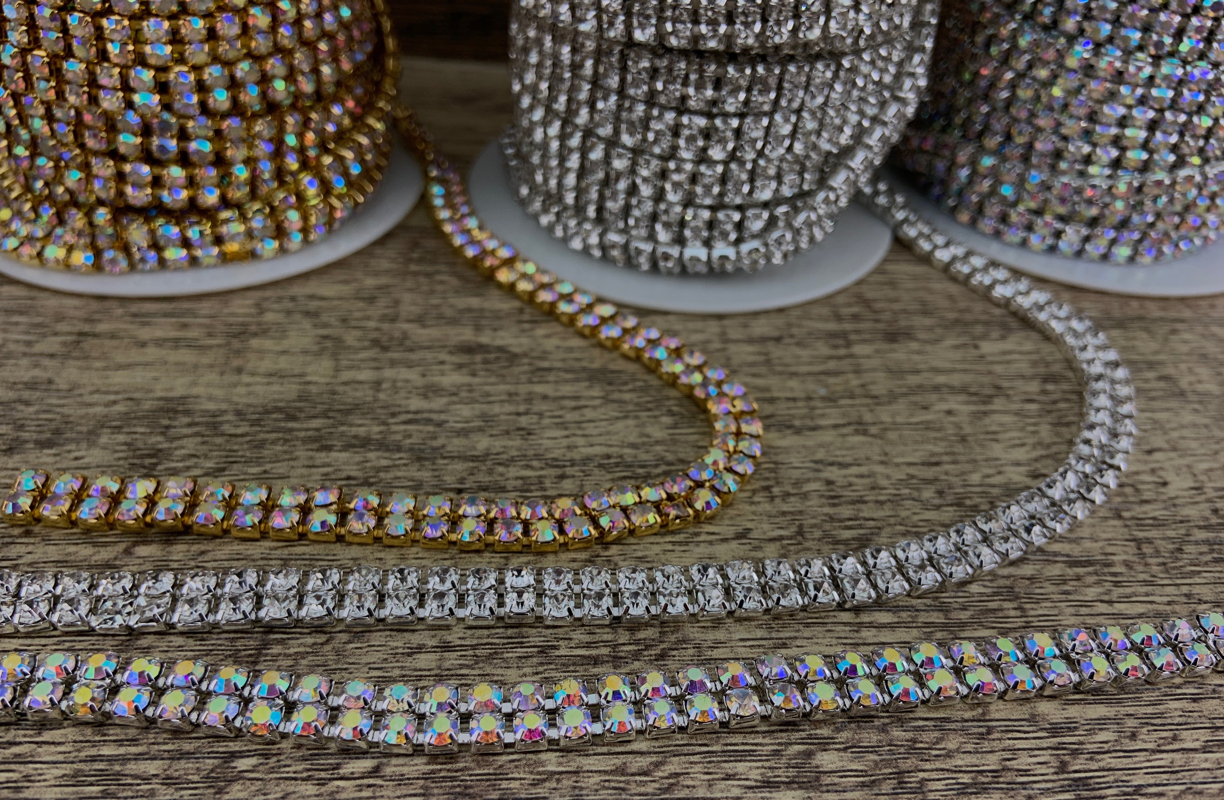 2 Row Gold Rhinestone Chain, AB Stones | Bellaire Wholesale