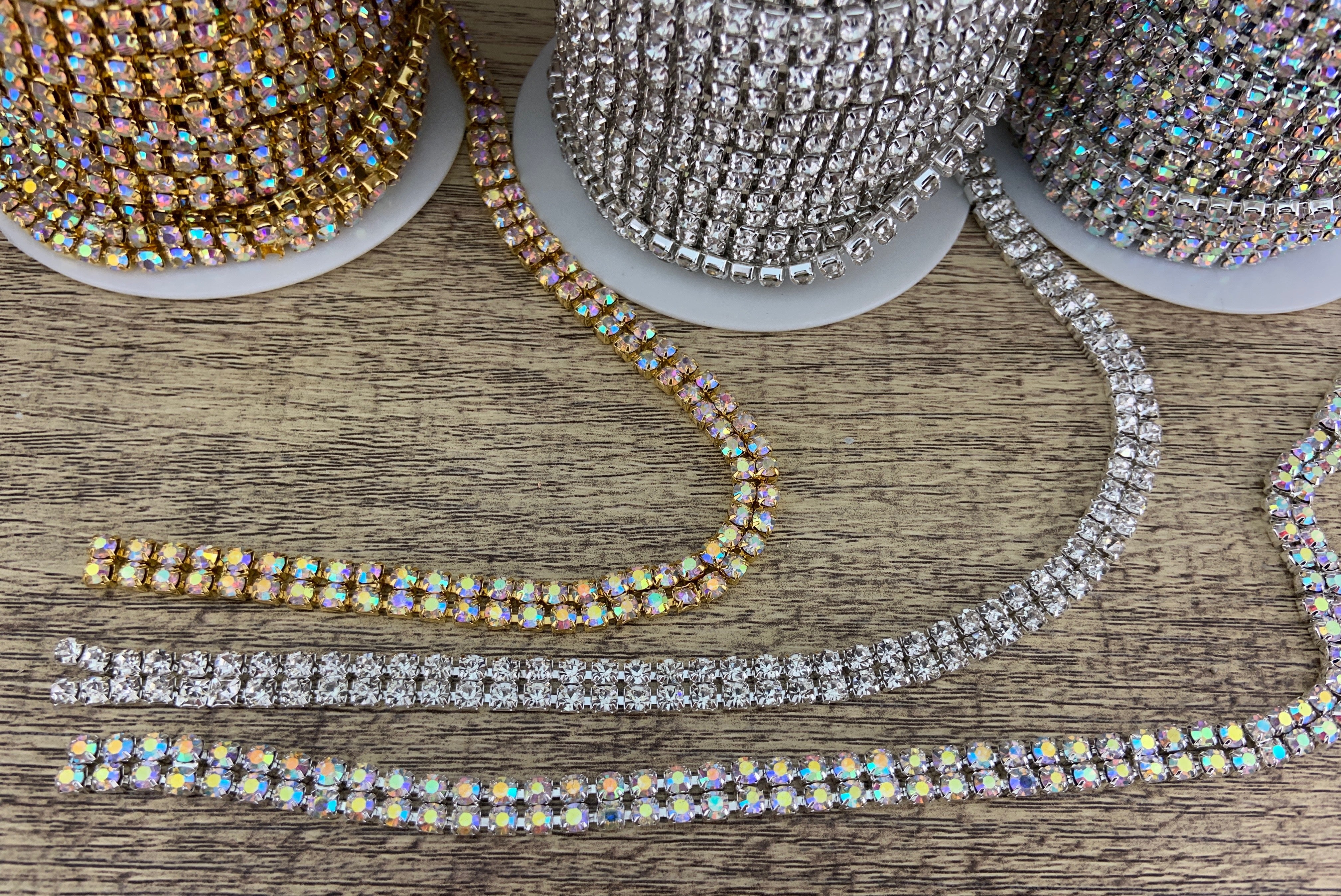 2 Row Silver Rhinestone Chain, AB Stones | Bellaire Wholesale