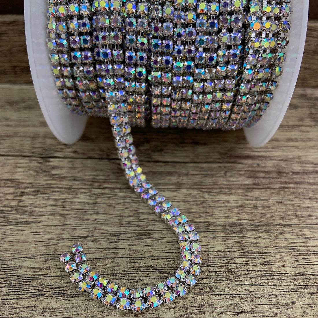 2 Row Silver Rhinestone Chain, AB Stones | Bellaire Wholesale