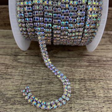 2 Row Silver Rhinestone Chain, AB Stones | Bellaire Wholesale