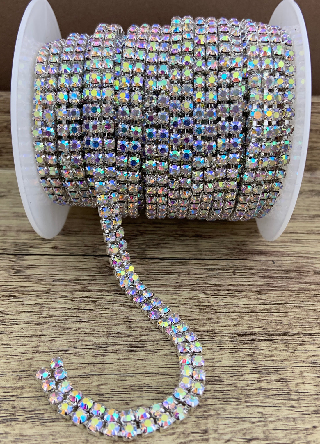 2 Row Silver Rhinestone Chain, AB Stones | Bellaire Wholesale