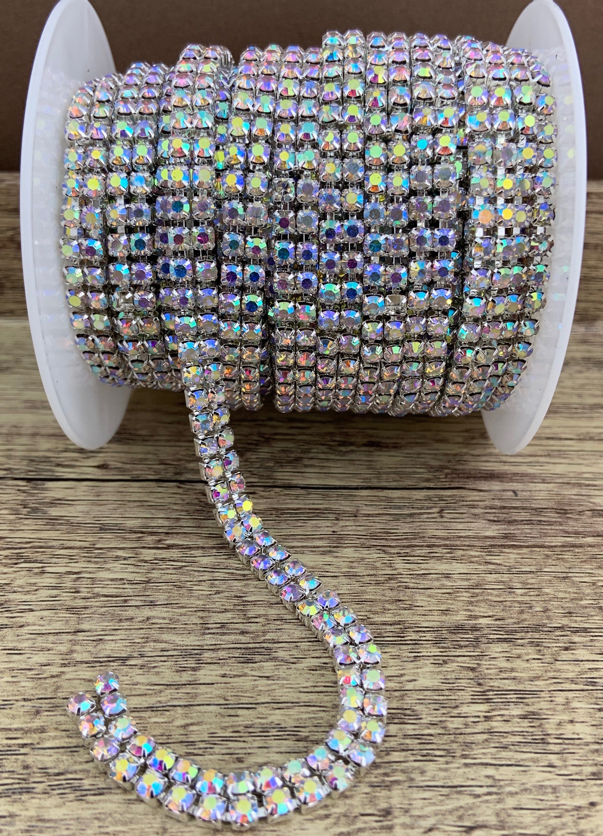2 Row Silver Rhinestone Chain, AB Stones | Bellaire Wholesale