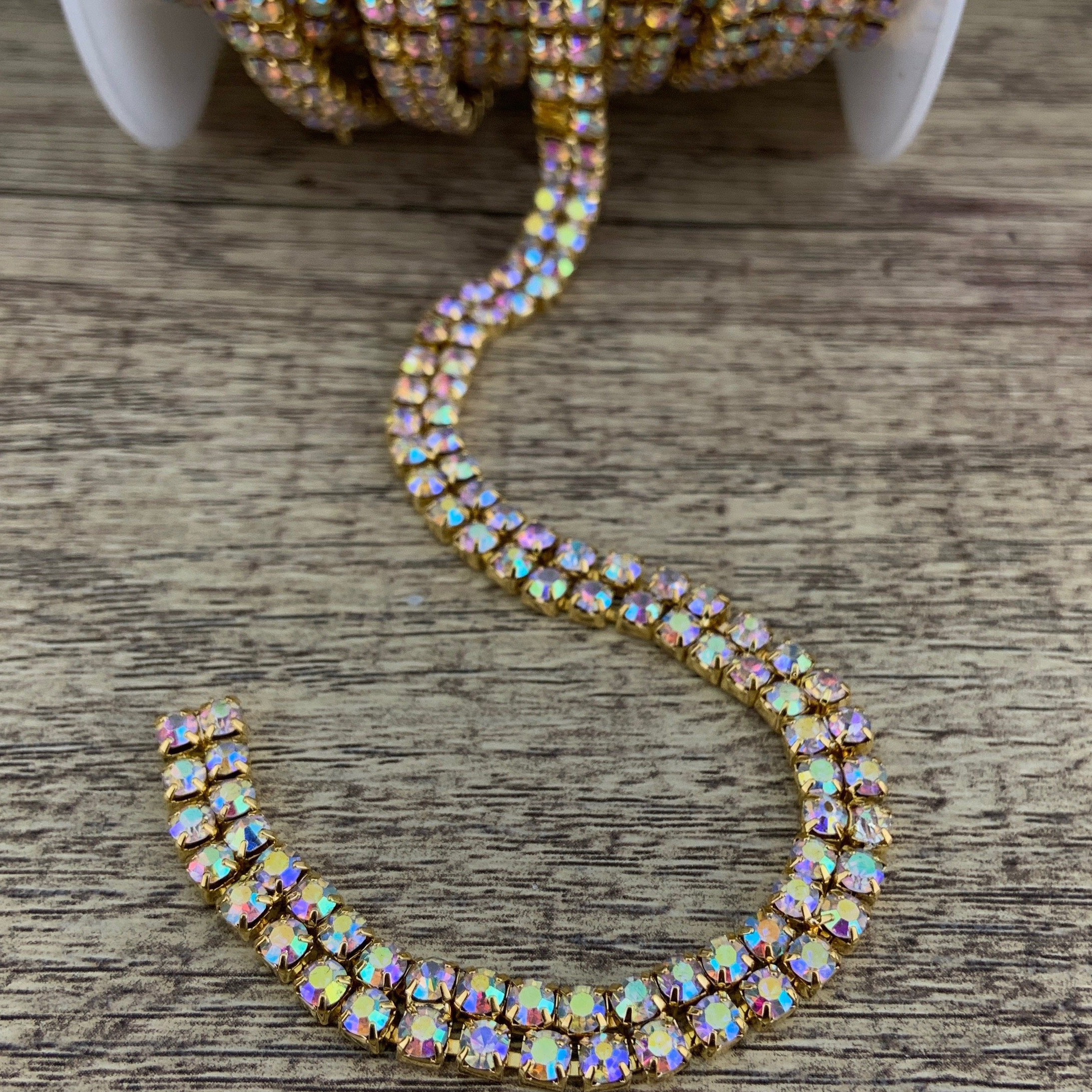 2 Row Gold Rhinestone Chain, AB Stones | Bellaire Wholesale