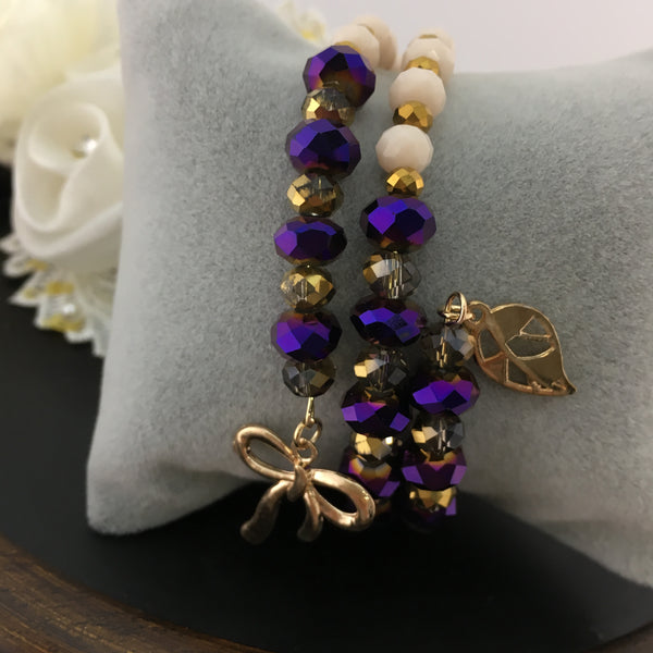 Purple and Nude Glass Bead Memory Wire Bracelet | Bellaire Wholesale