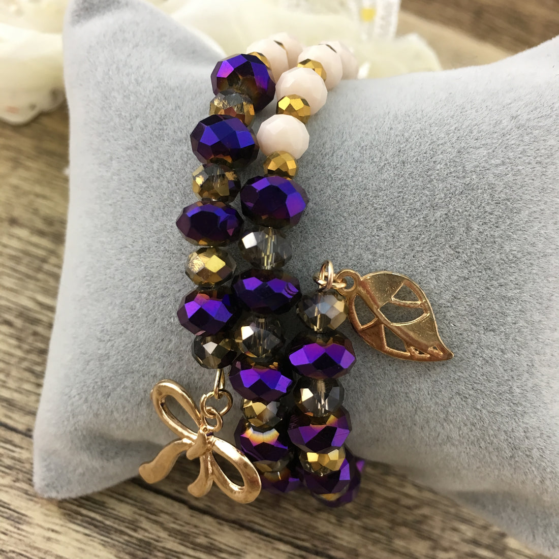 Purple and Nude Glass Bead Memory Wire Bracelet | Bellaire Wholesale