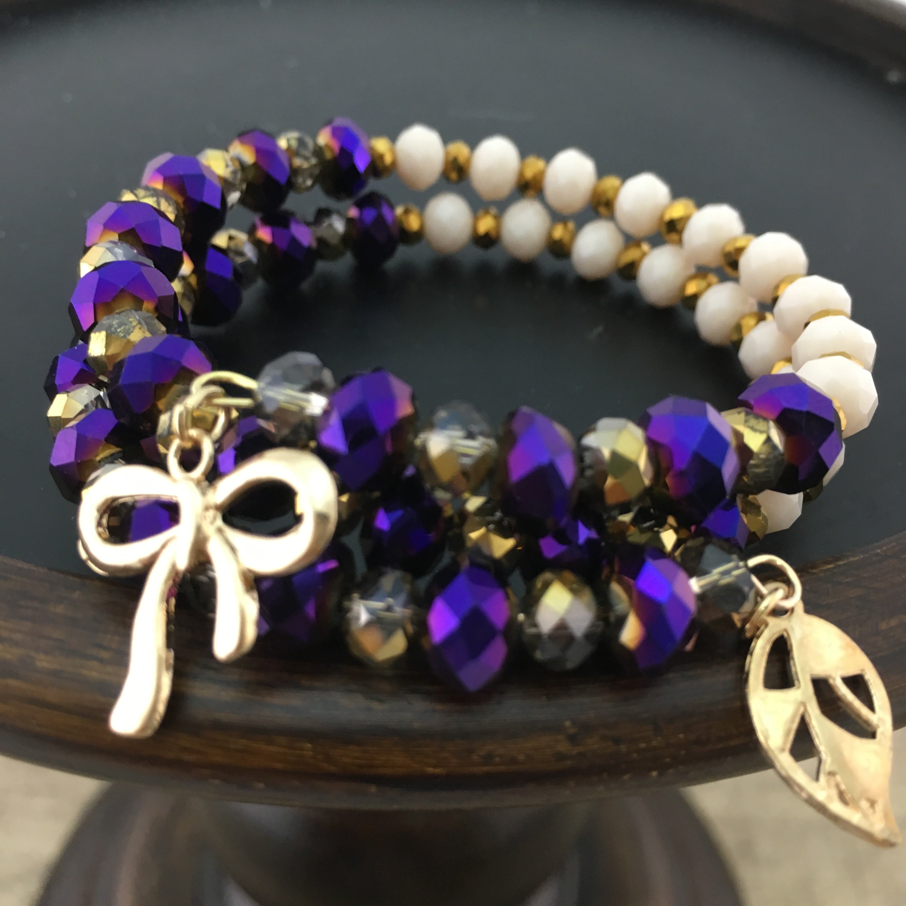Purple and Nude Glass Bead Memory Wire Bracelet | Bellaire Wholesale