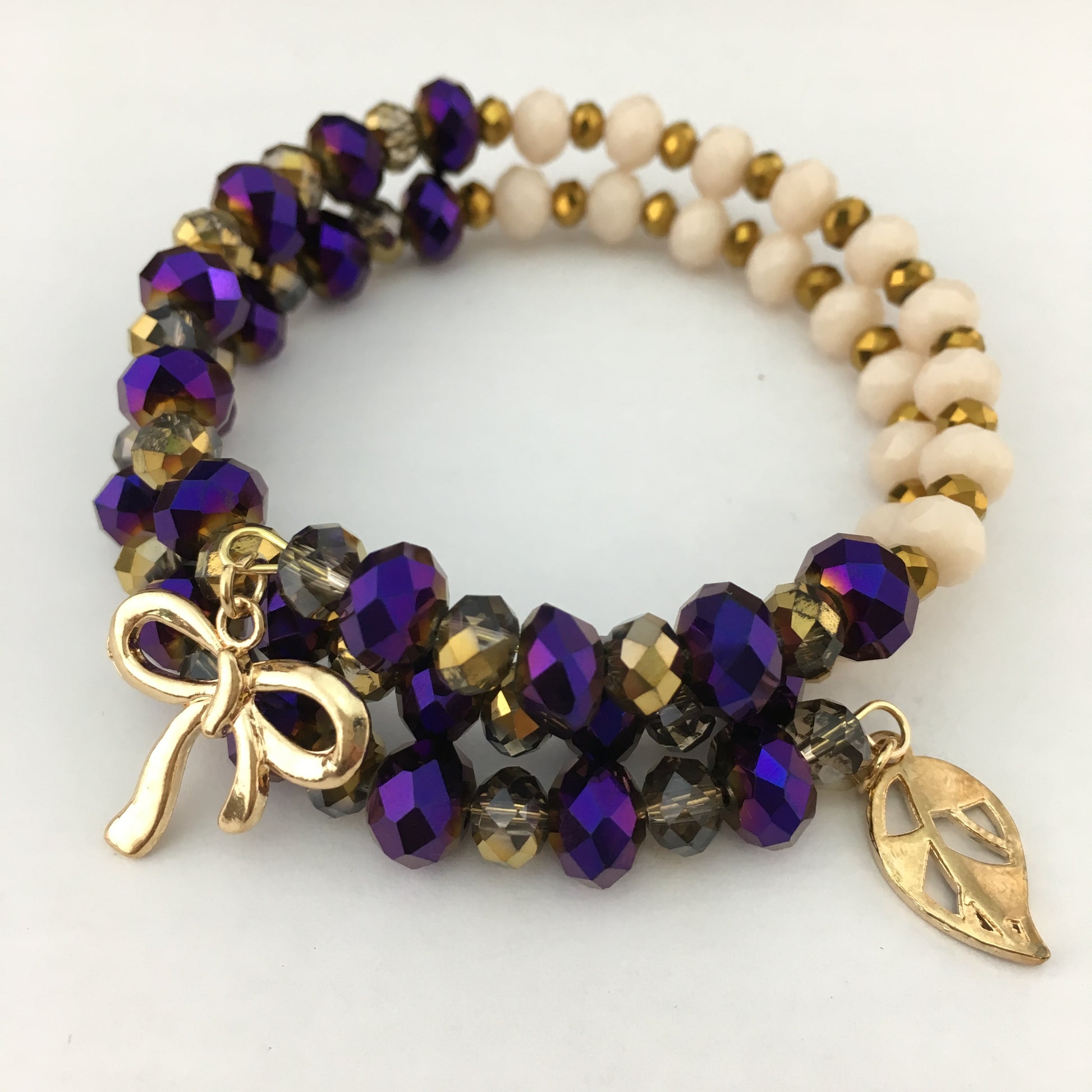 Purple and Nude Glass Bead Memory Wire Bracelet | Bellaire Wholesale