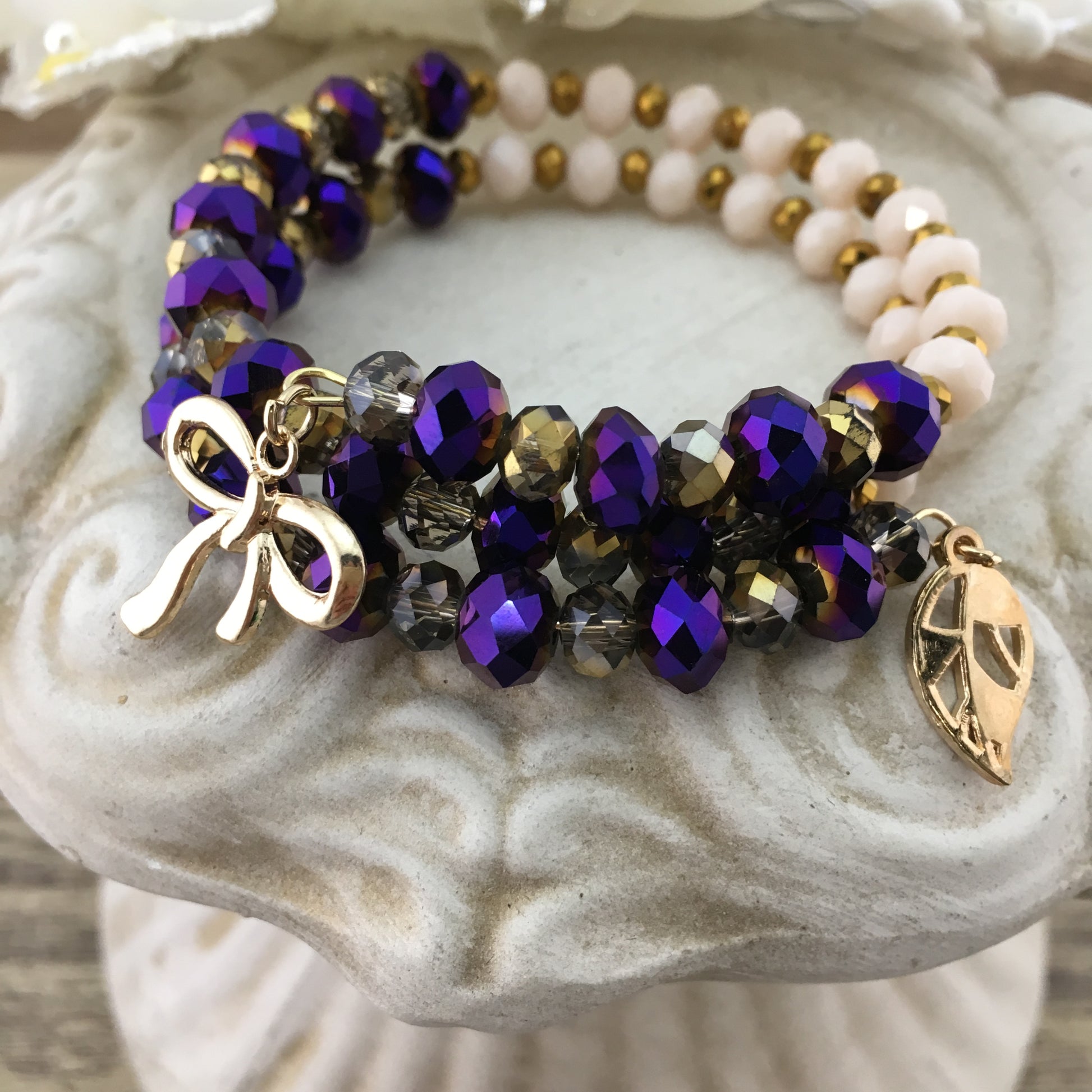 Purple and Nude Glass Bead Memory Wire Bracelet | Bellaire Wholesale