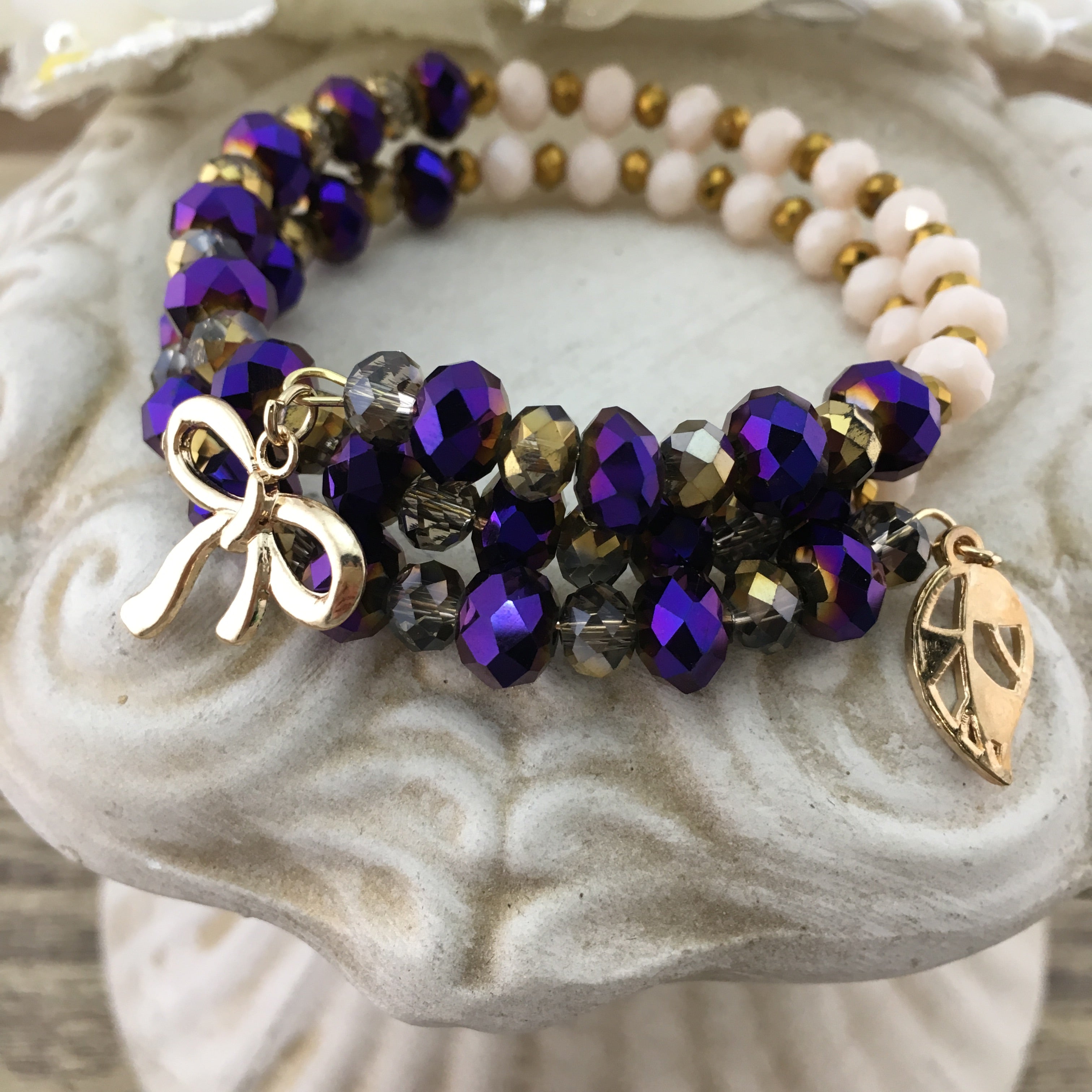 Purple and Nude Glass Bead Memory Wire Bracelet | Bellaire Wholesale