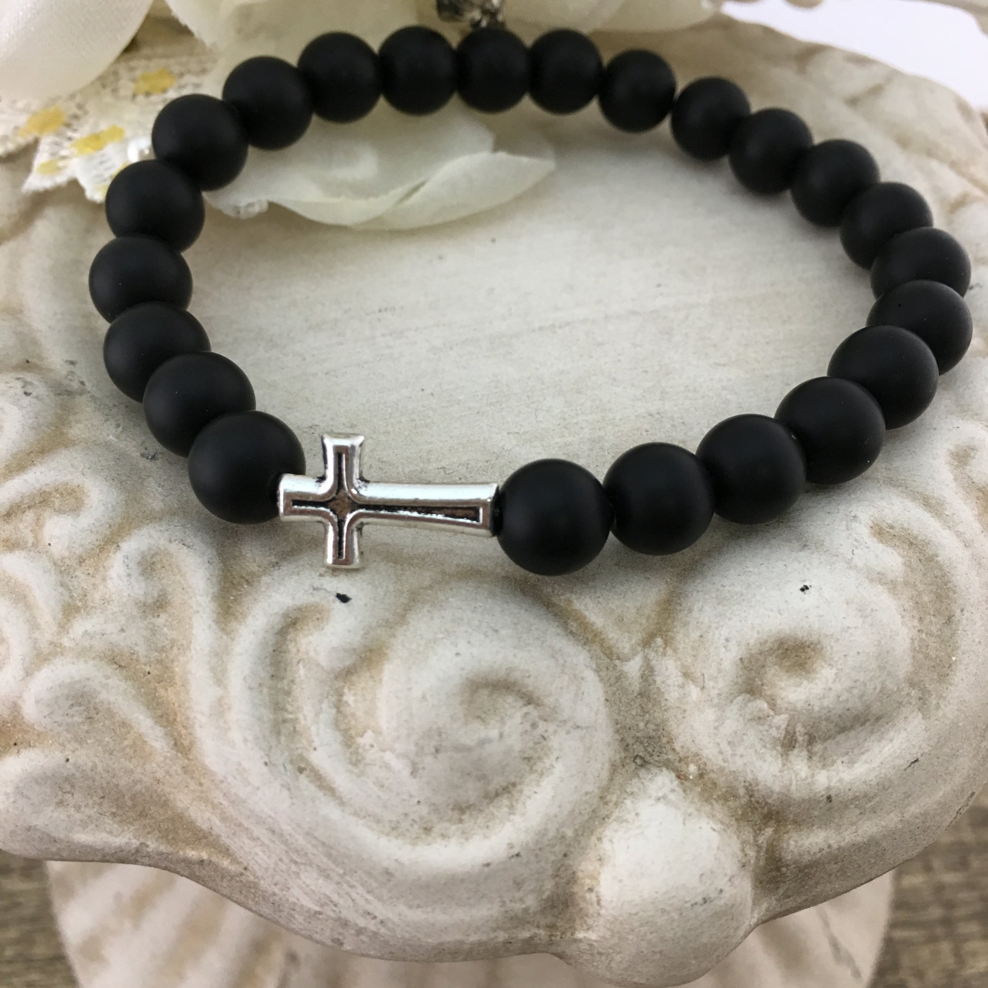 Black Frosted Agate Cross Bracelet | Bellaire Wholesale