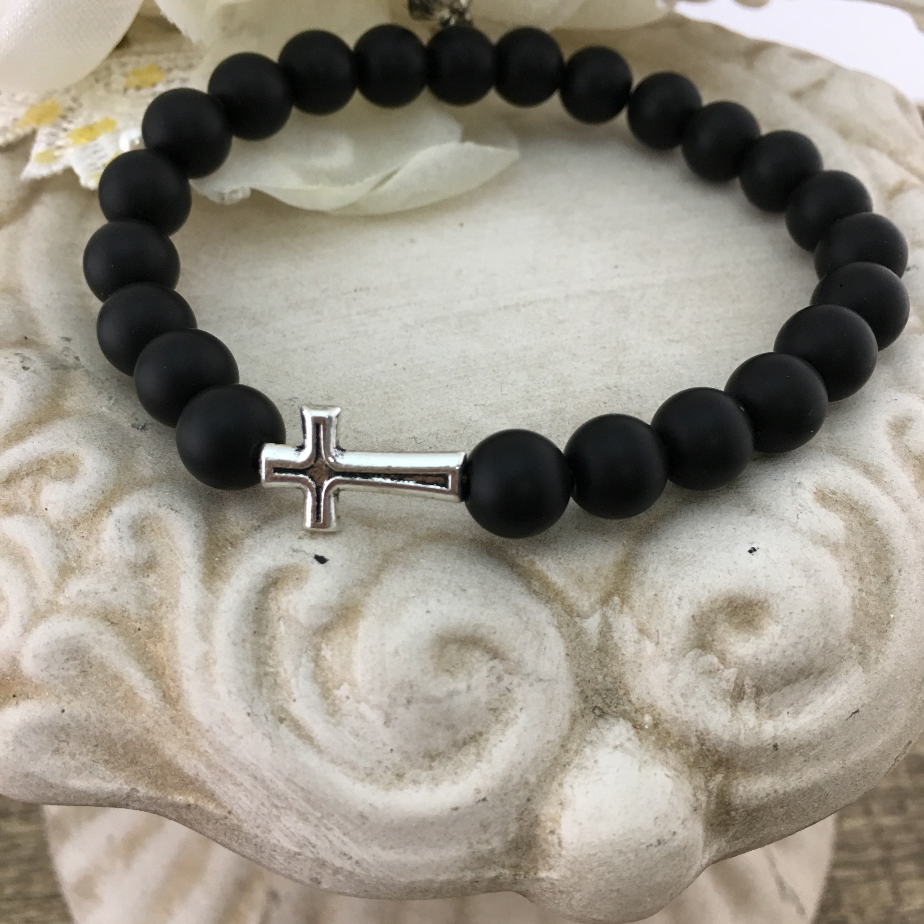Black Frosted Agate Cross Bracelet | Bellaire Wholesale