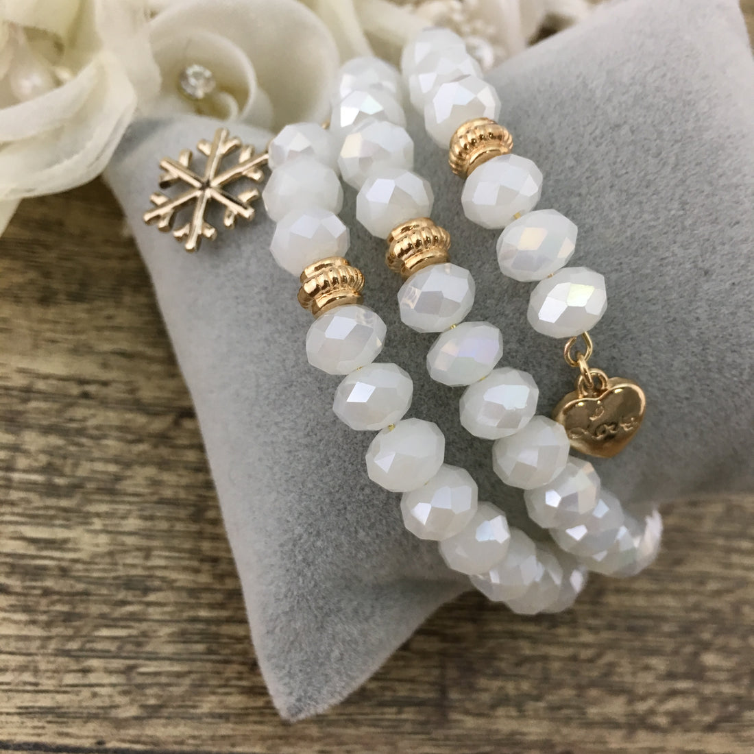 White and Gold Glass Bead Memory Wire Bracelet | Bellaire Wholesale
